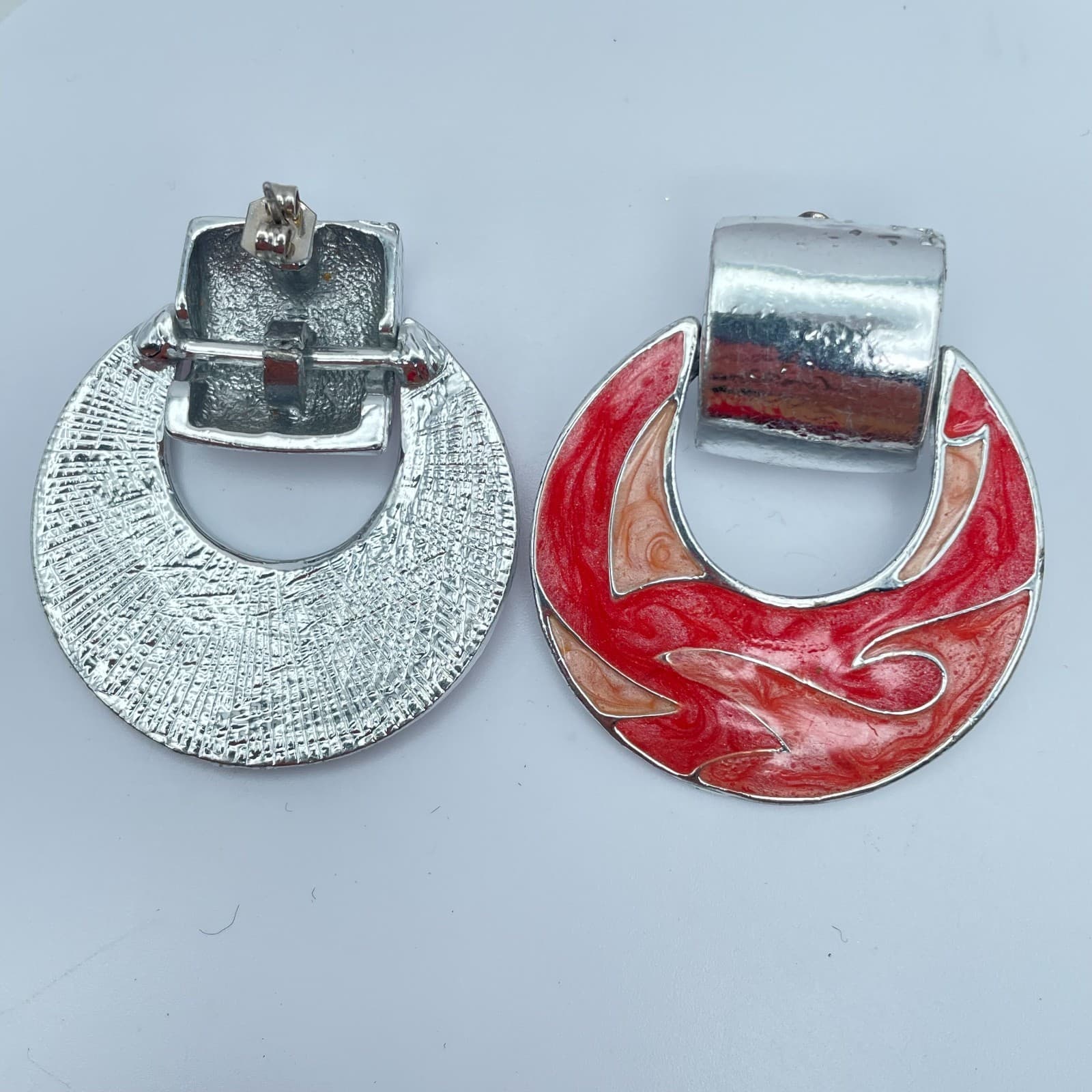 Vintage 80s Red Orange Enamel Door Knocker Clip-On Earrings Silver Tone Jewelry - Image 1