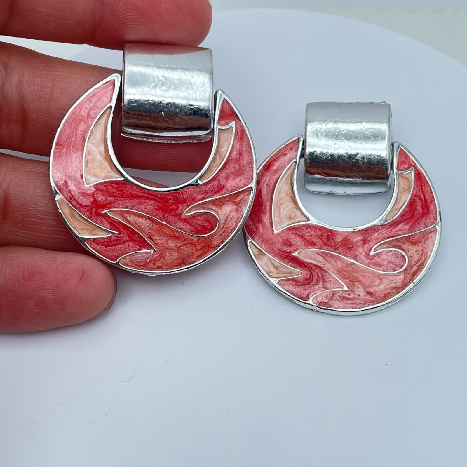 Vintage 80s Red Orange Enamel Door Knocker Clip-On Earrings Silver Tone Jewelry - Thumbnail 7