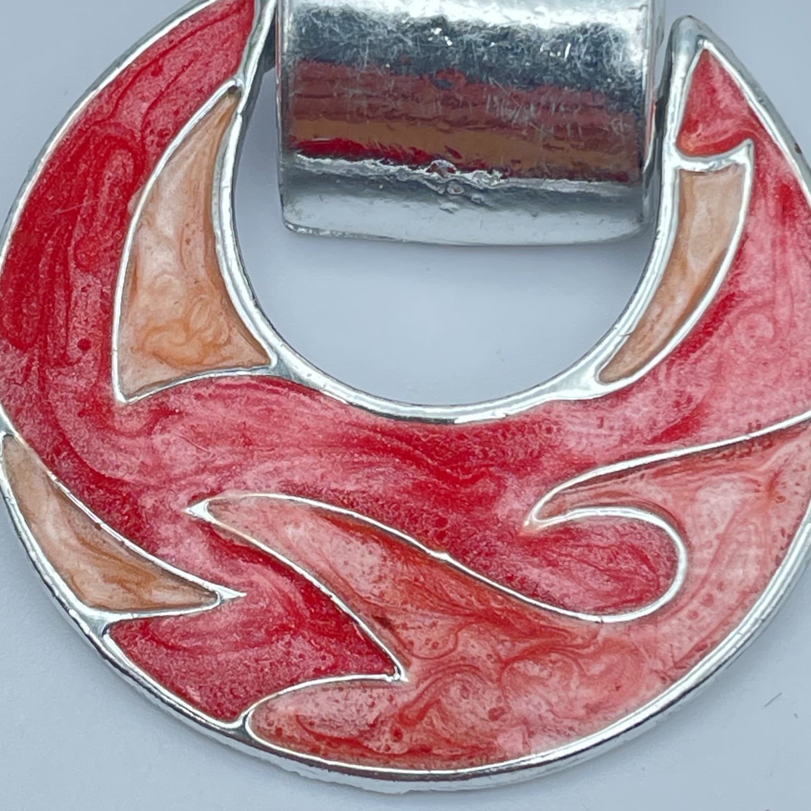 Vintage 80s Red Orange Enamel Door Knocker Clip-On Earrings Silver Tone Jewelry - Thumbnail 8