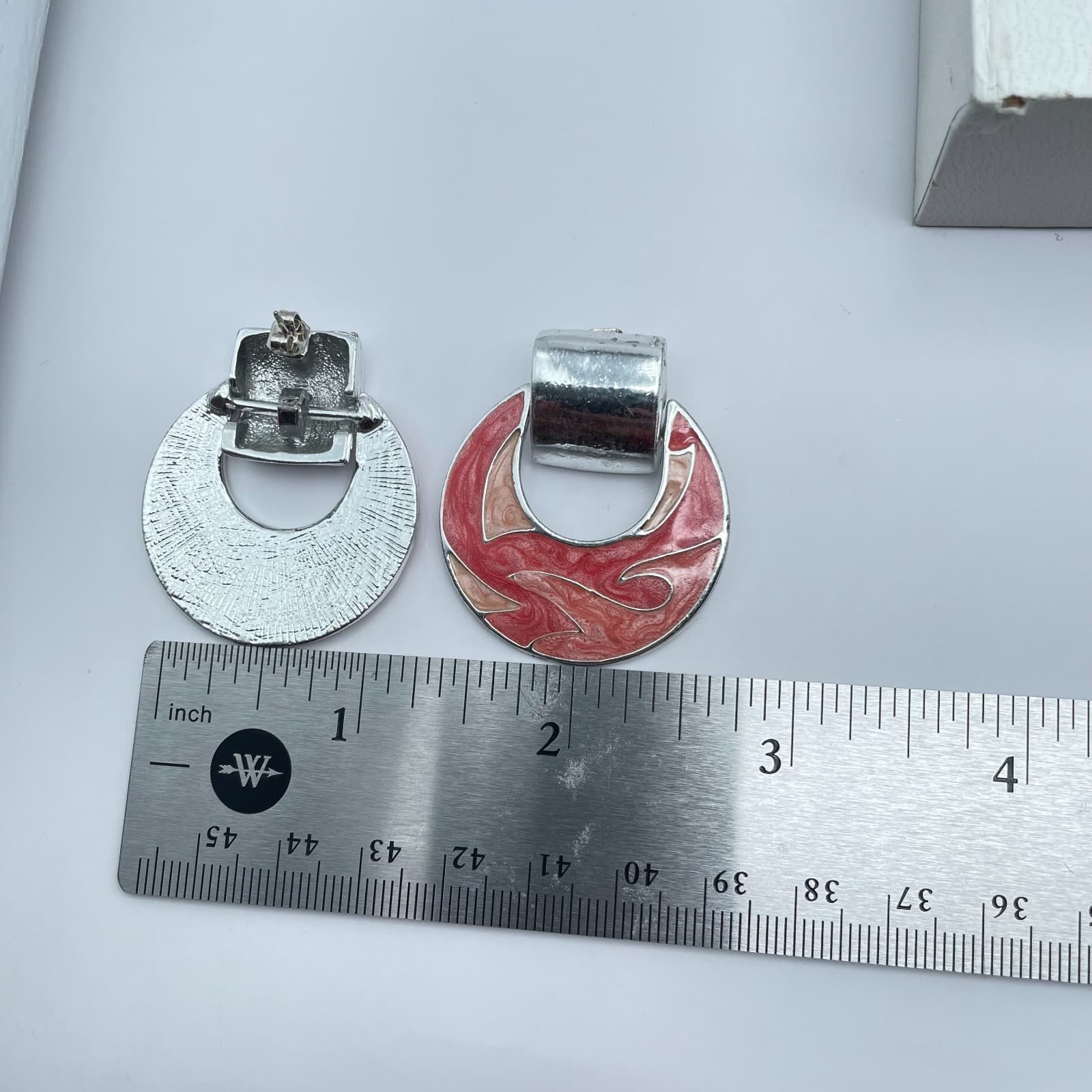 Vintage 80s Red Orange Enamel Door Knocker Clip-On Earrings Silver Tone Jewelry - Thumbnail 9