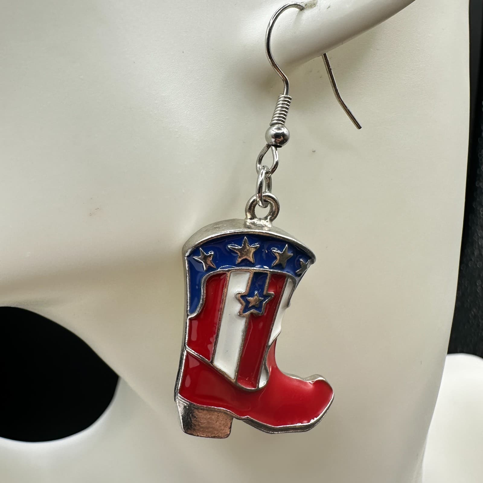 Vintage Womens Multicolor Patriotic USA American Flag Cowboy Boots Earrings - Thumbnail 3