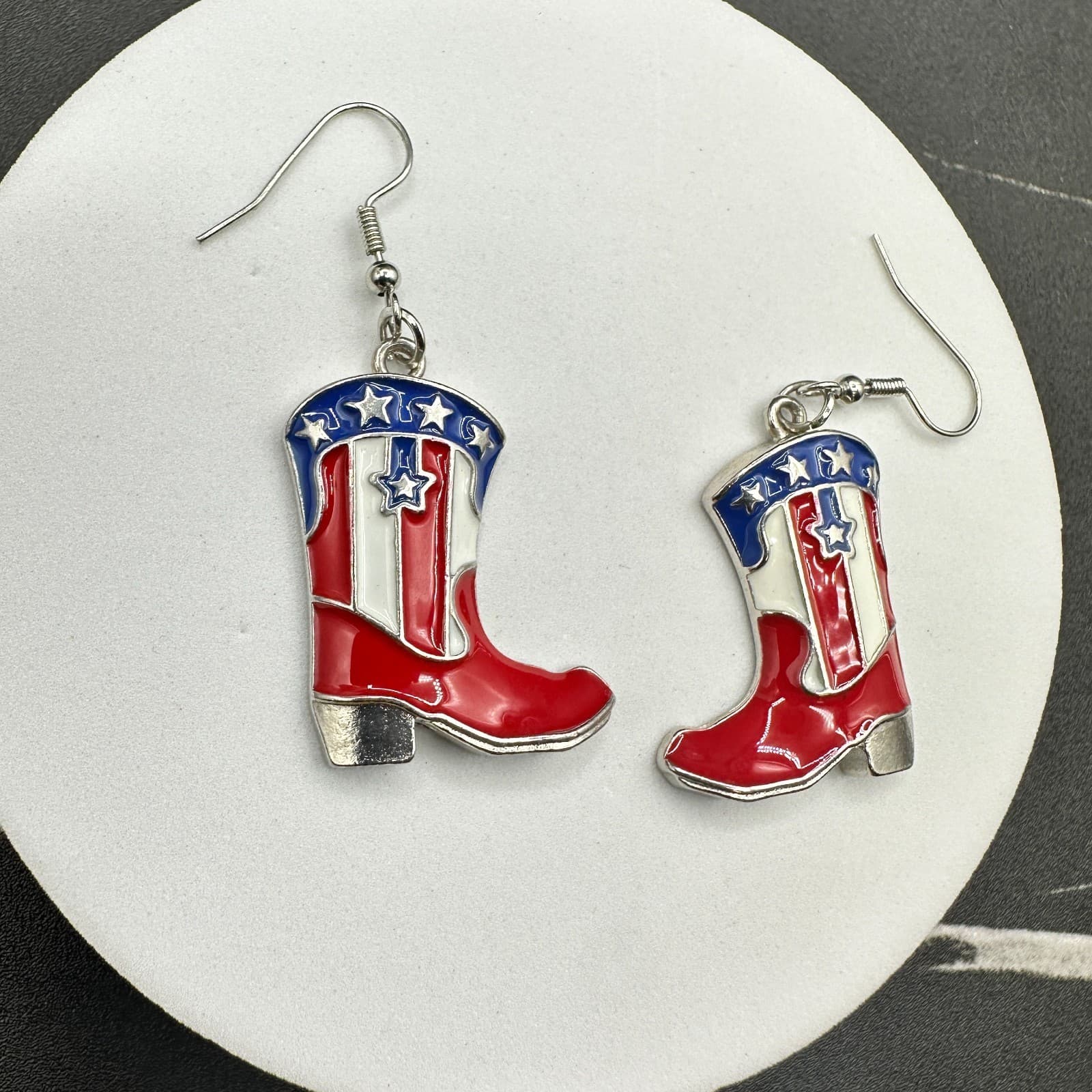 Vintage Womens Multicolor Patriotic USA American Flag Cowboy Boots Earrings - Thumbnail 7