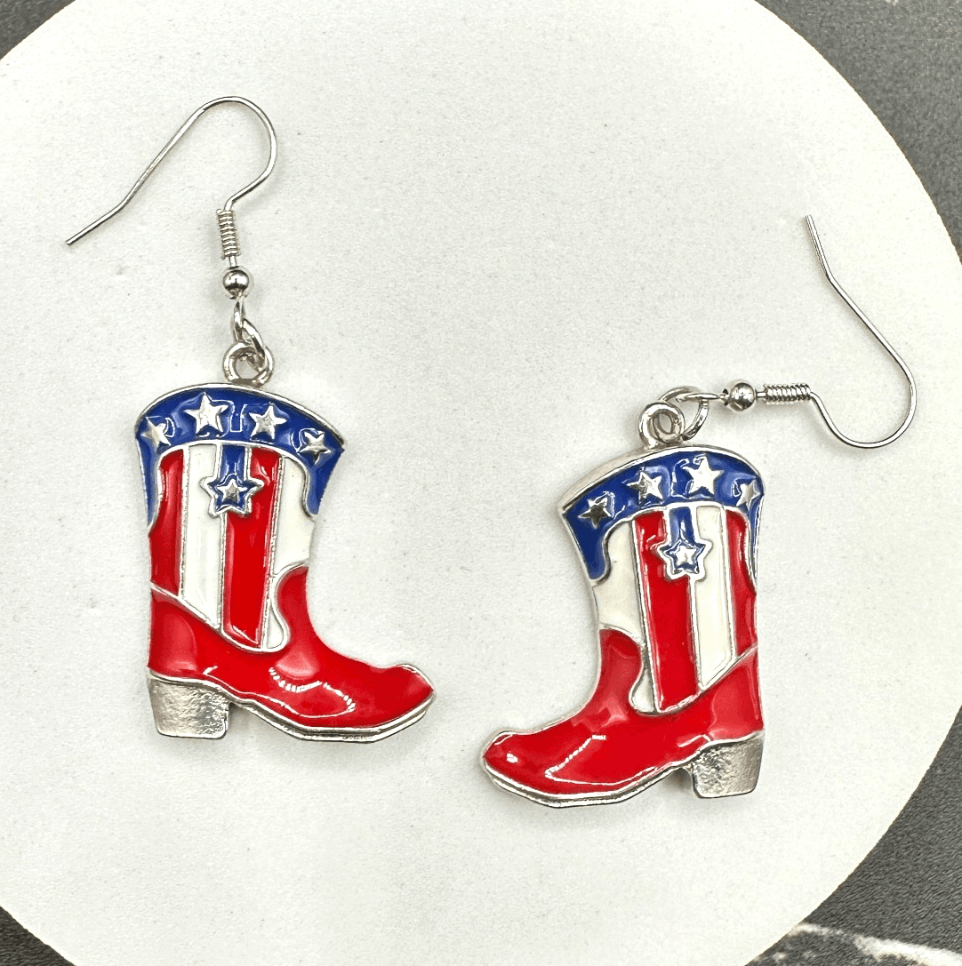 Vintage Womens Multicolor Patriotic USA American Flag Cowboy Boots Earrings - Image 1