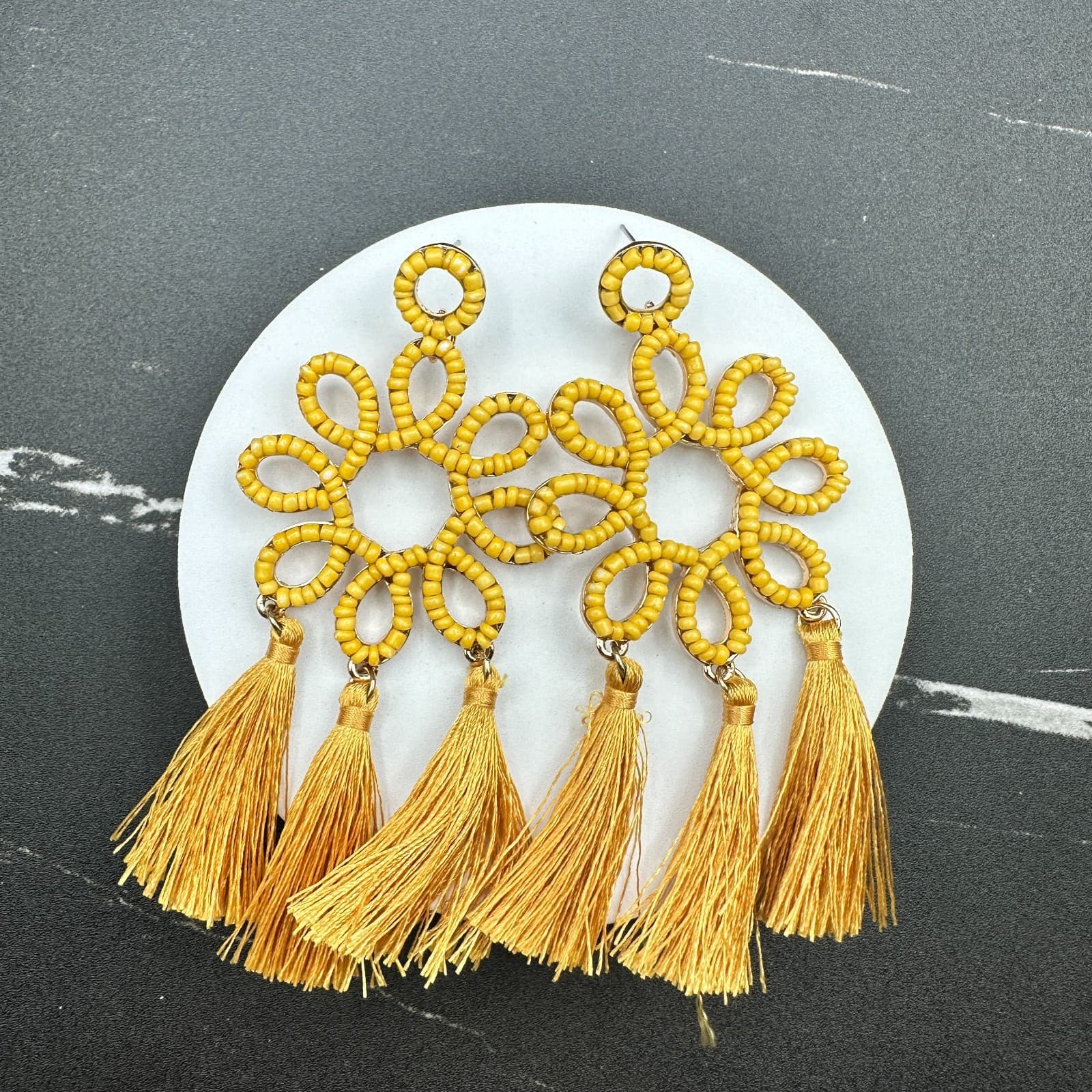 Vintage Women's Yellow Beaded Flower Statement Tassel Beauty Dangle Earrings - Thumbnail 9