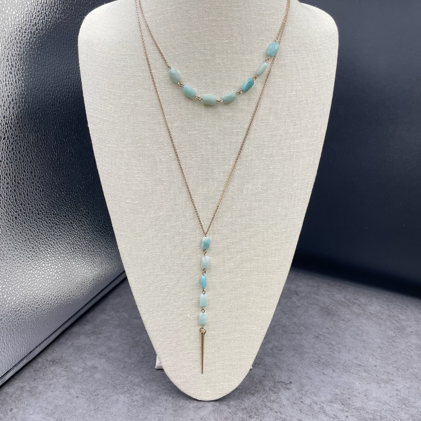 Banana Republic Gold-Tone Amazonite Beads Layered Spike Pendant Lobster Necklace - Image 1