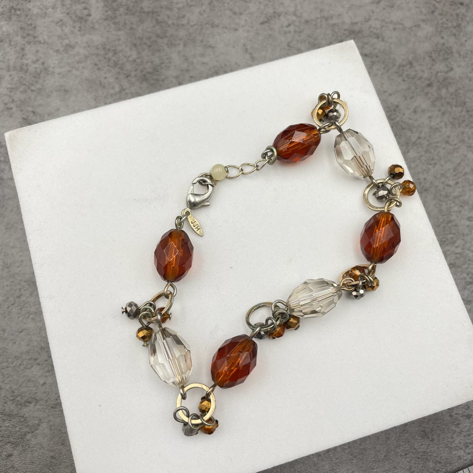 Vintage Fitty Silver-Tone Fashion Faceted Amber-Colored Beads Lobster Bracelet - Thumbnail 3