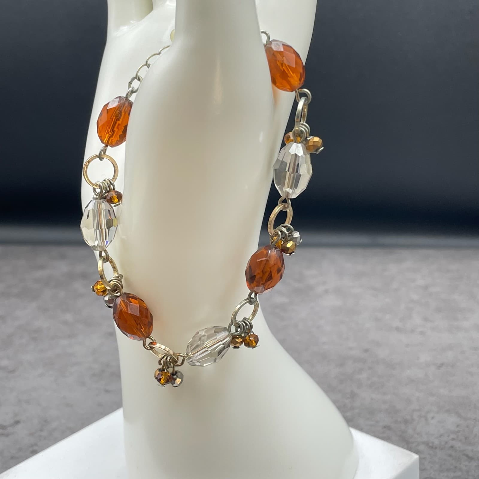 Vintage Fitty Silver-Tone Fashion Faceted Amber-Colored Beads Lobster Bracelet - Thumbnail 9