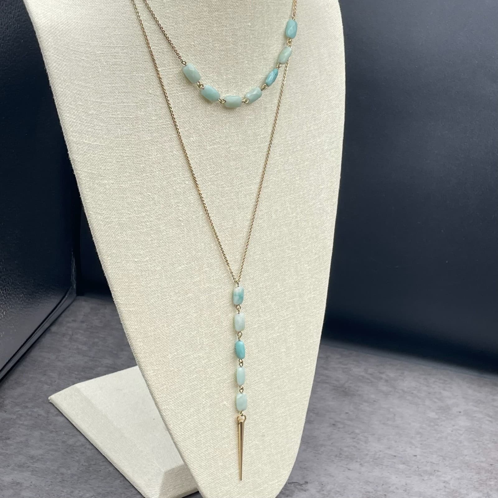 Banana Republic Gold-Tone Amazonite Beads Layered Spike Pendant Lobster Necklace - Thumbnail 9