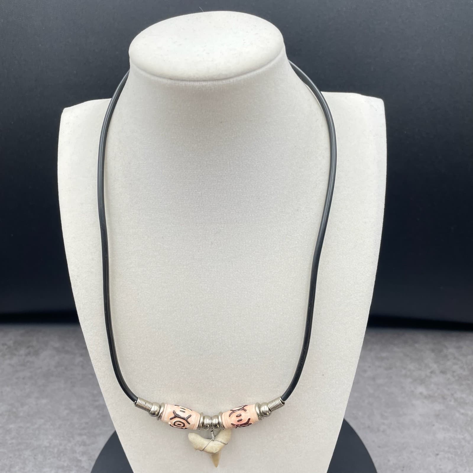 Surfer Style Black Silver-Tone Bone Beads Natural Shark Tooth Pendant Necklace - Thumbnail 2