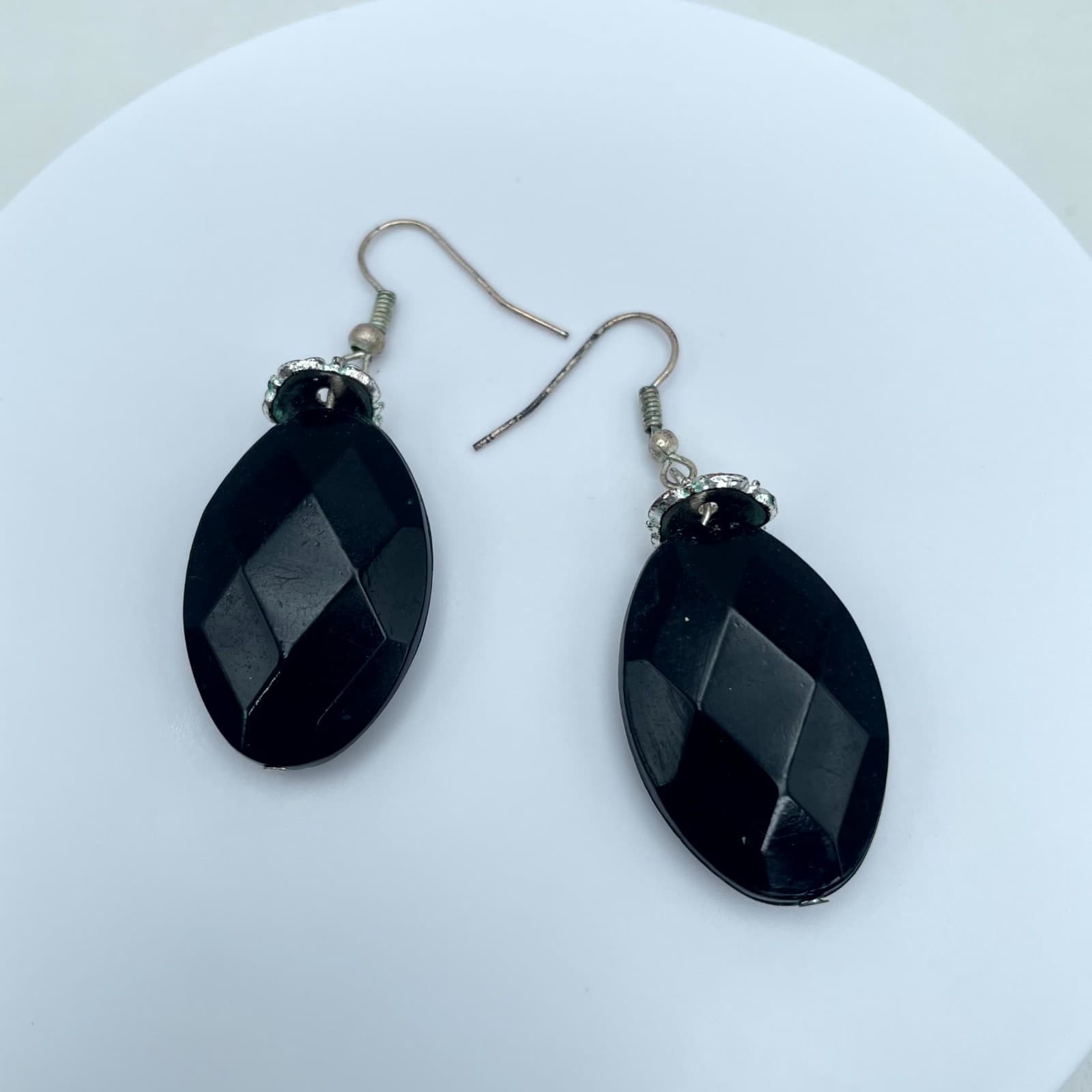 Vintage Silver-Tone Classic Black Onyx Faceted Oval Drop French Hook Earrings - Image 1