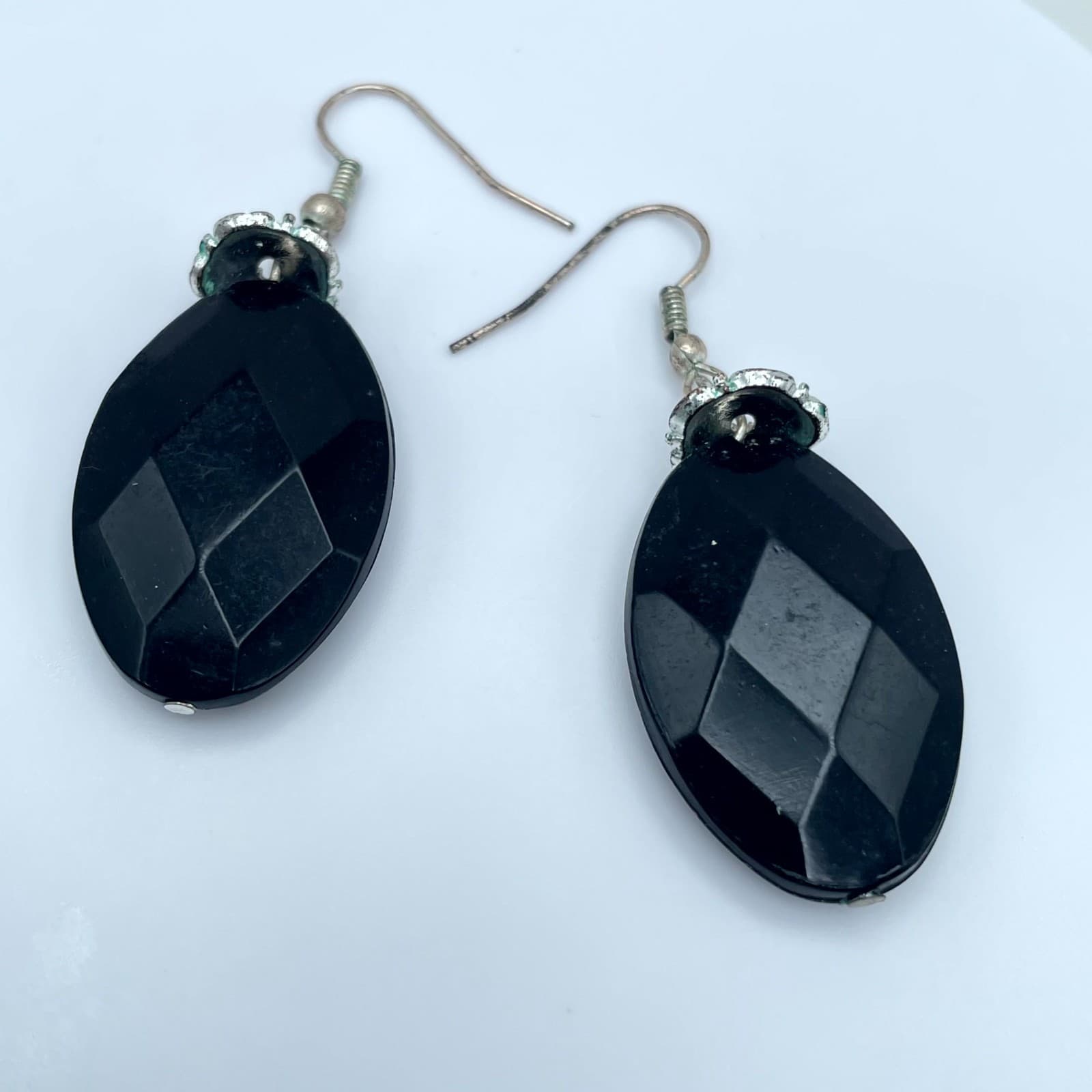 Vintage Silver-Tone Classic Black Onyx Faceted Oval Drop French Hook Earrings - Thumbnail 4