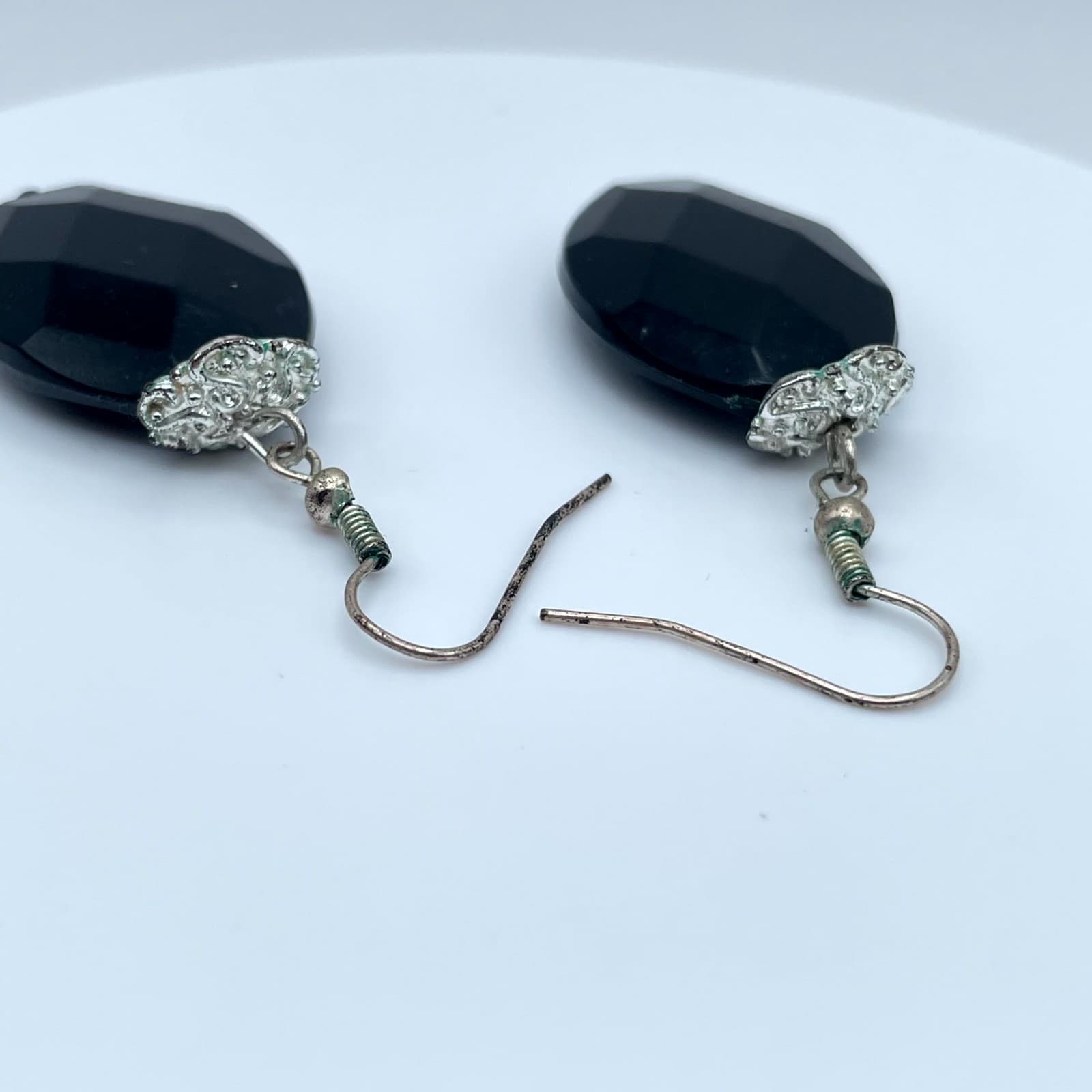 Vintage Silver-Tone Classic Black Onyx Faceted Oval Drop French Hook Earrings - Thumbnail 6
