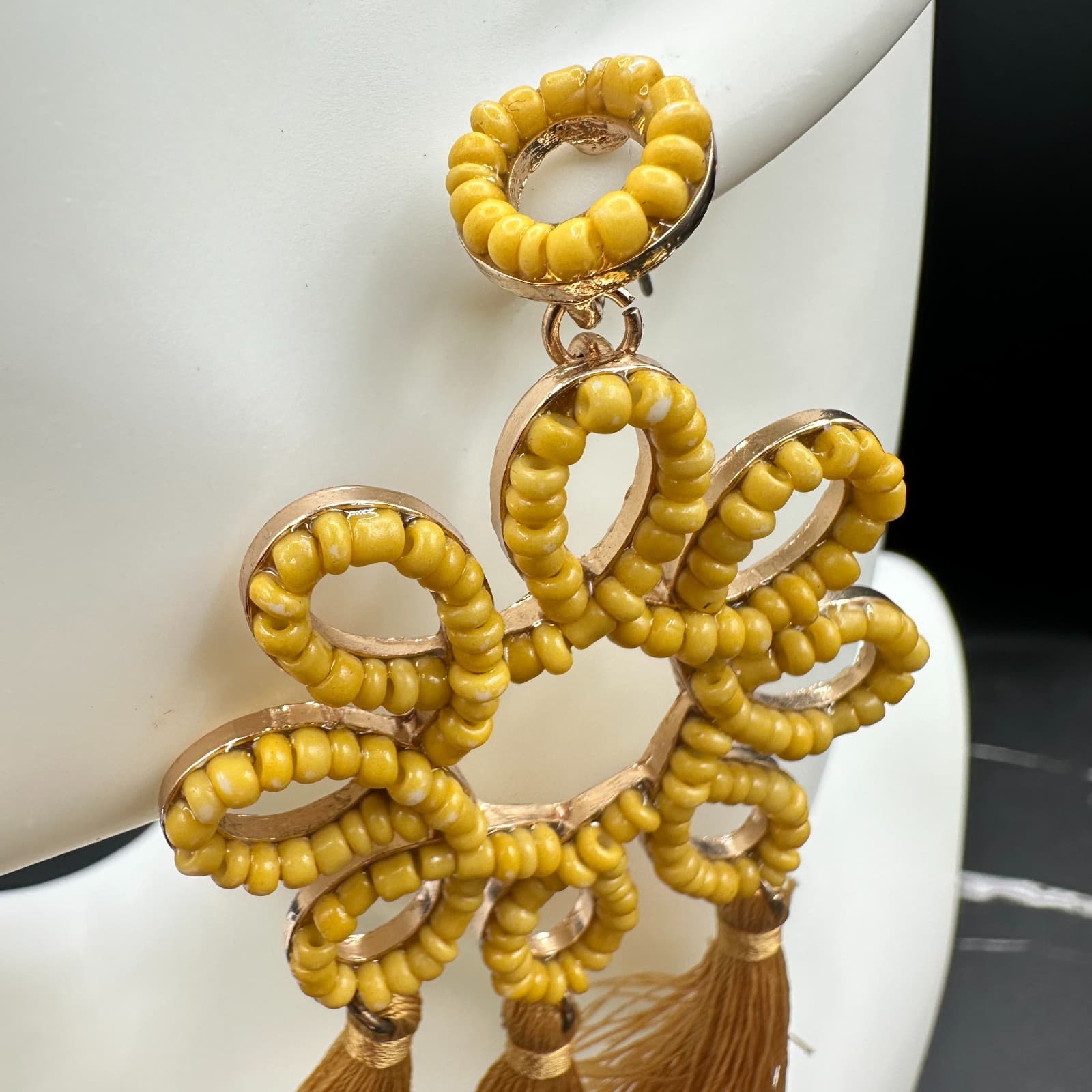 Vintage Women's Yellow Beaded Flower Statement Tassel Beauty Dangle Earrings - Thumbnail 6
