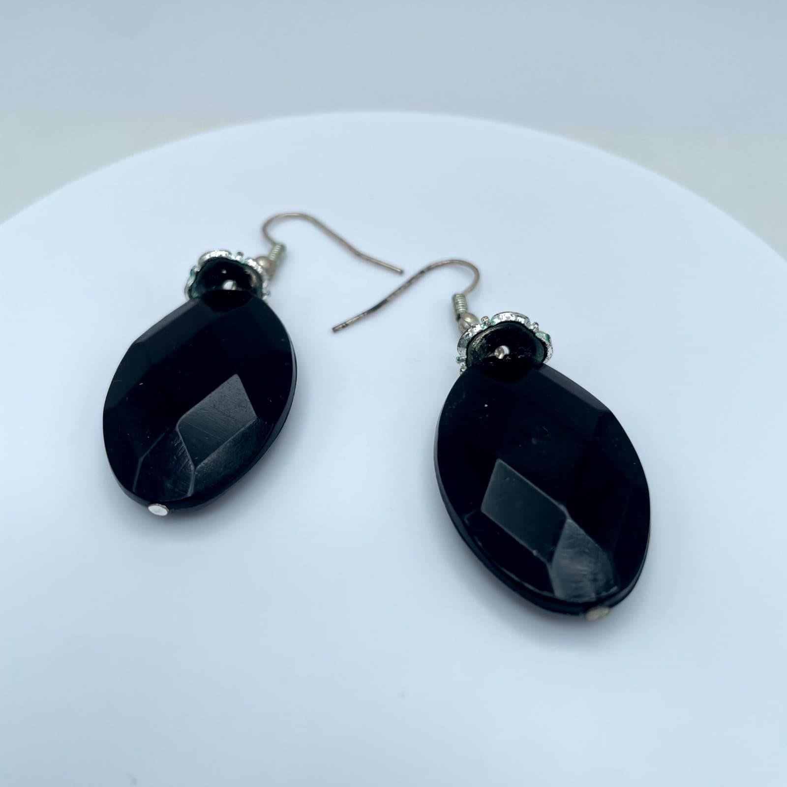 Vintage Silver-Tone Classic Black Onyx Faceted Oval Drop French Hook Earrings - Thumbnail 3