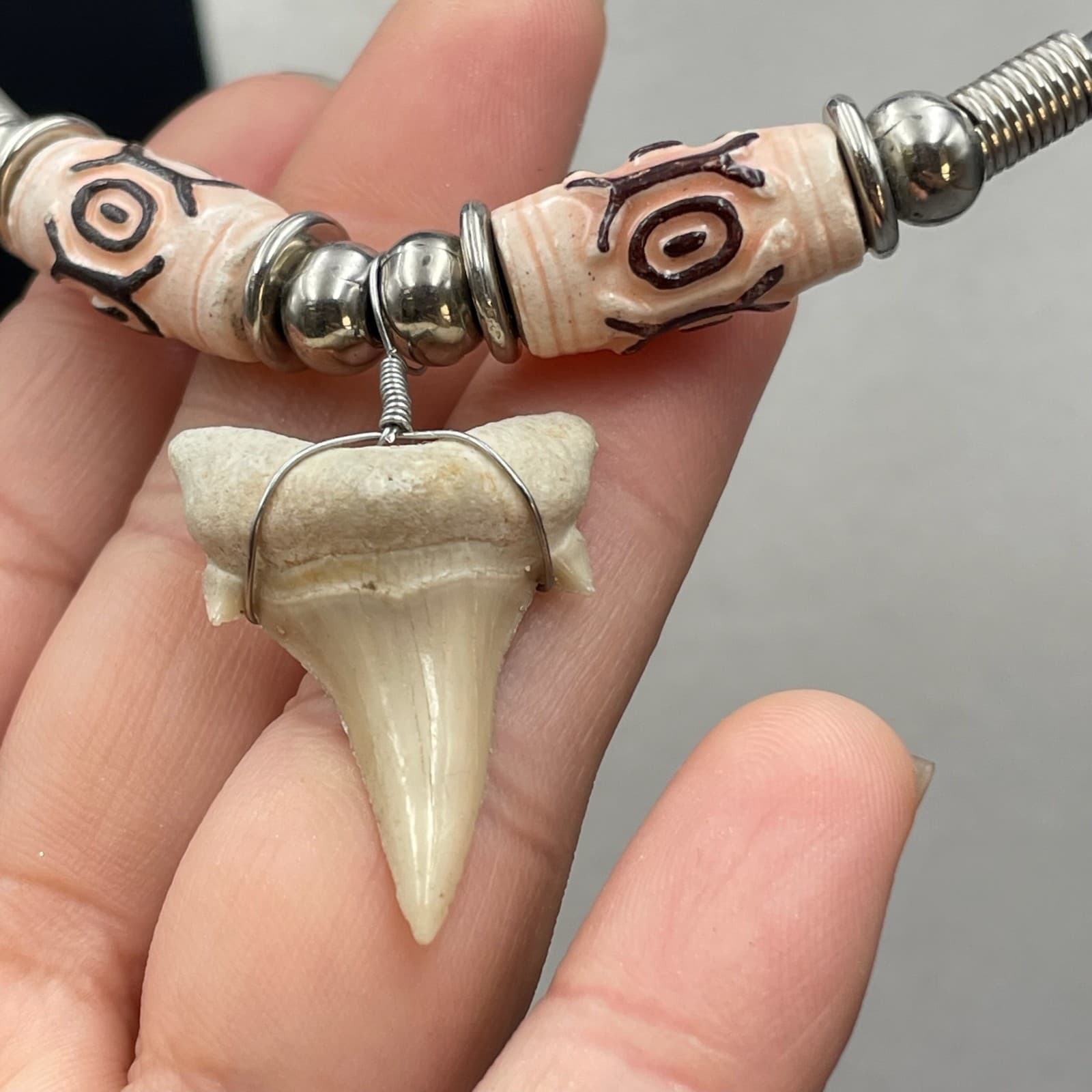 Surfer Style Black Silver-Tone Bone Beads Natural Shark Tooth Pendant Necklace - Thumbnail 8