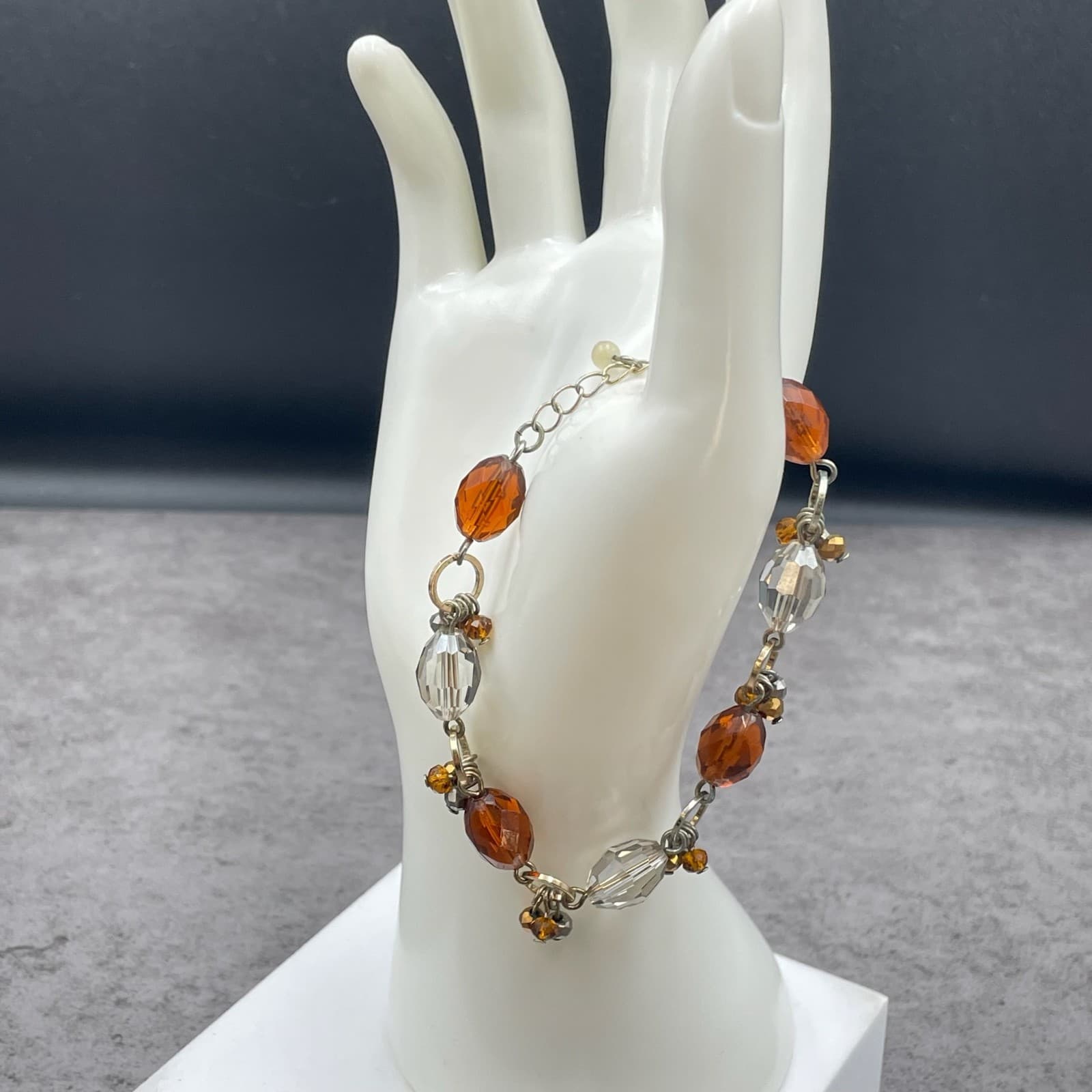 Vintage Fitty Silver-Tone Fashion Faceted Amber-Colored Beads Lobster Bracelet - Thumbnail 8