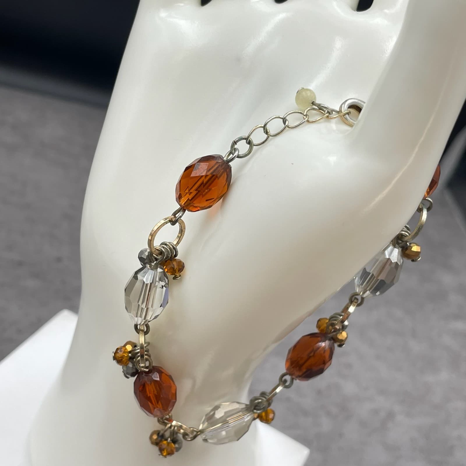 Vintage Fitty Silver-Tone Fashion Faceted Amber-Colored Beads Lobster Bracelet - Thumbnail 10