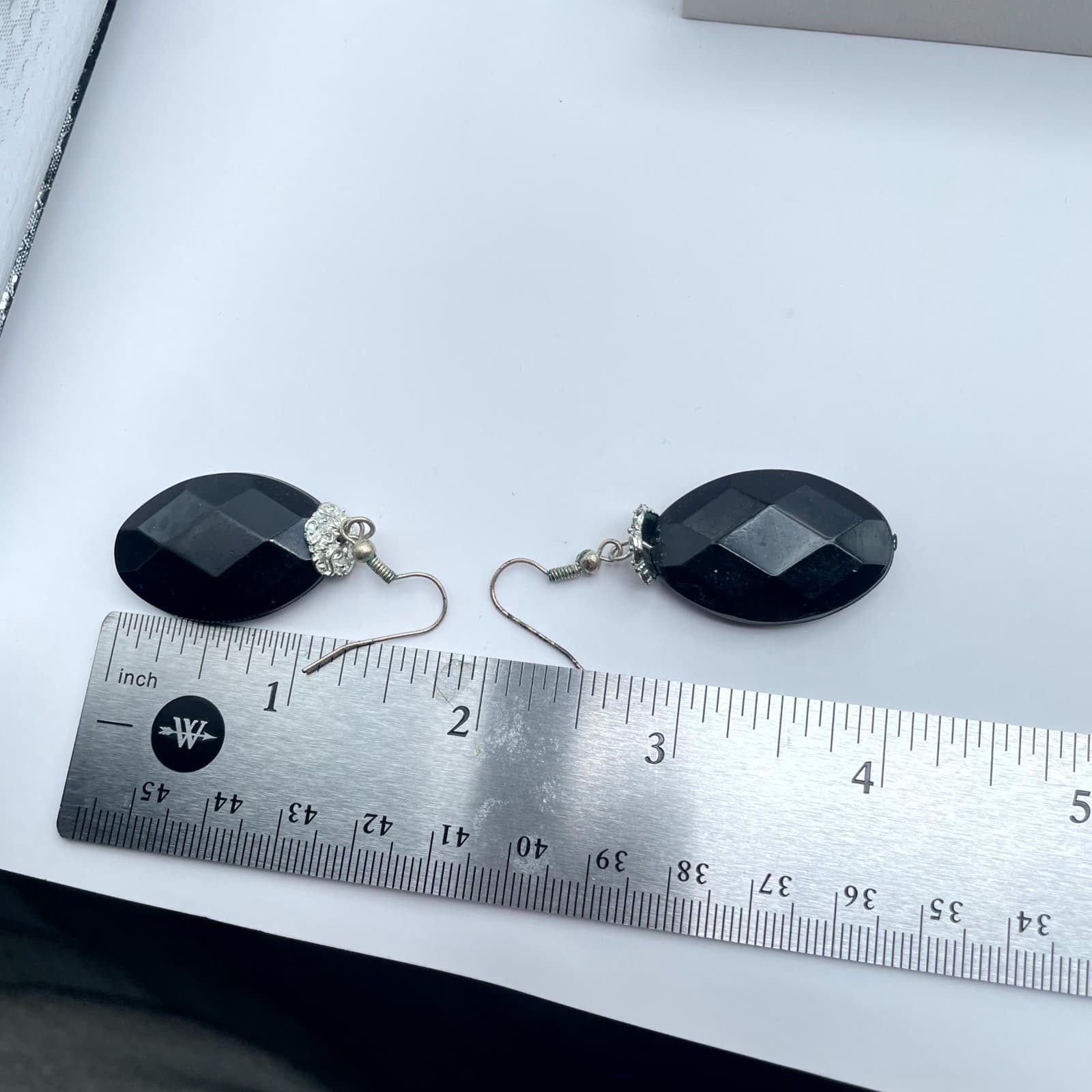 Vintage Silver-Tone Classic Black Onyx Faceted Oval Drop French Hook Earrings - Thumbnail 2