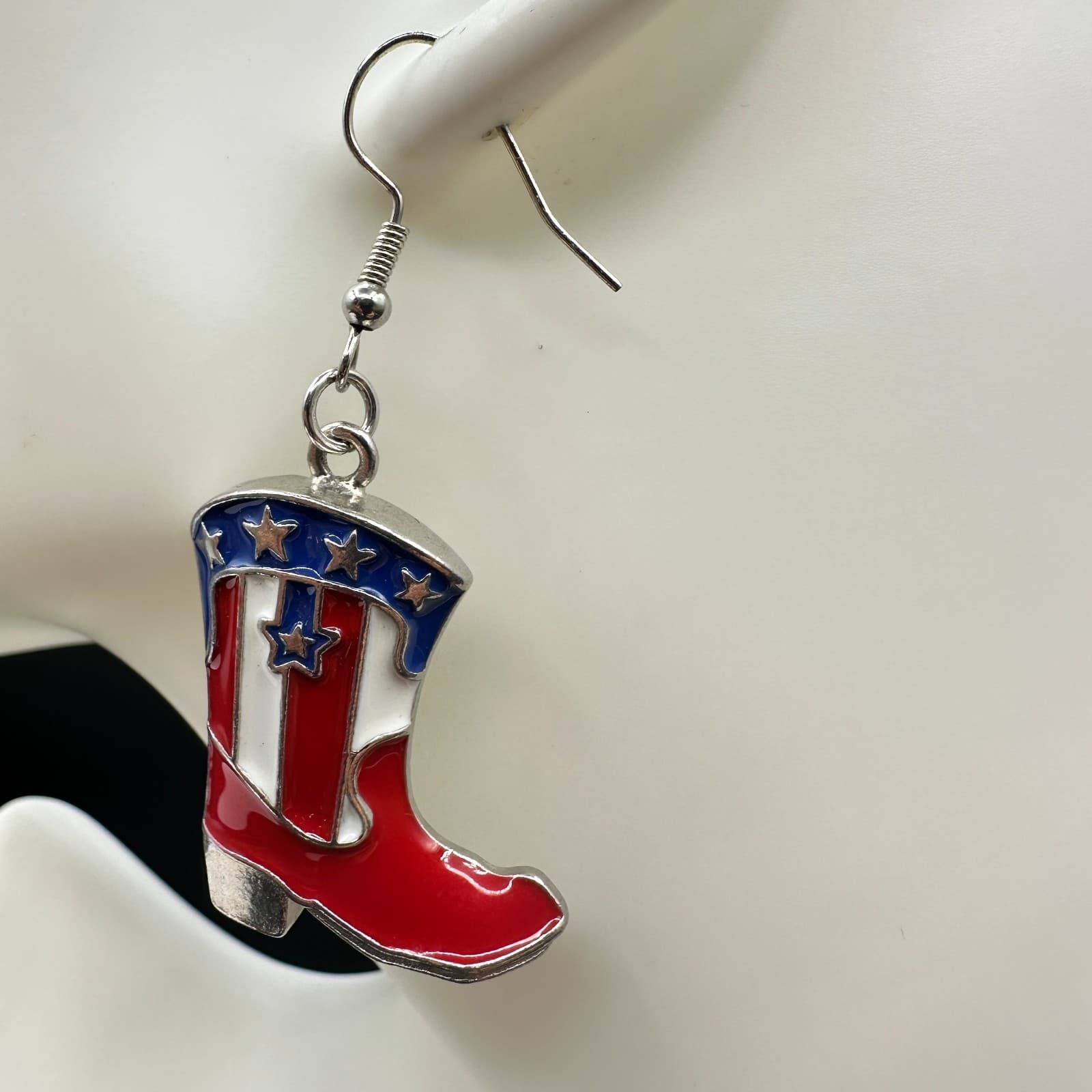 Vintage Womens Multicolor Patriotic USA American Flag Cowboy Boots Earrings - Thumbnail 4