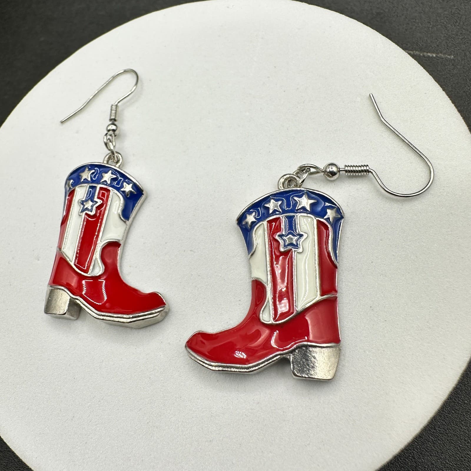 Vintage Womens Multicolor Patriotic USA American Flag Cowboy Boots Earrings - Thumbnail 8