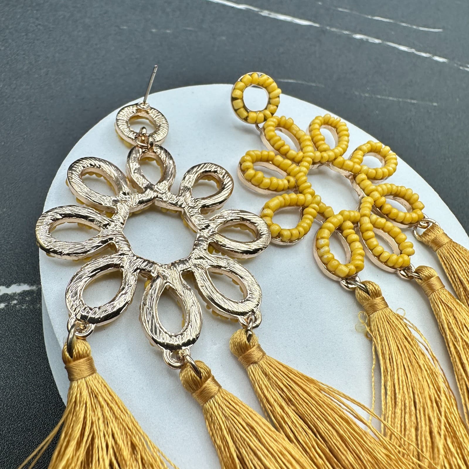 Vintage Women's Yellow Beaded Flower Statement Tassel Beauty Dangle Earrings - Thumbnail 11