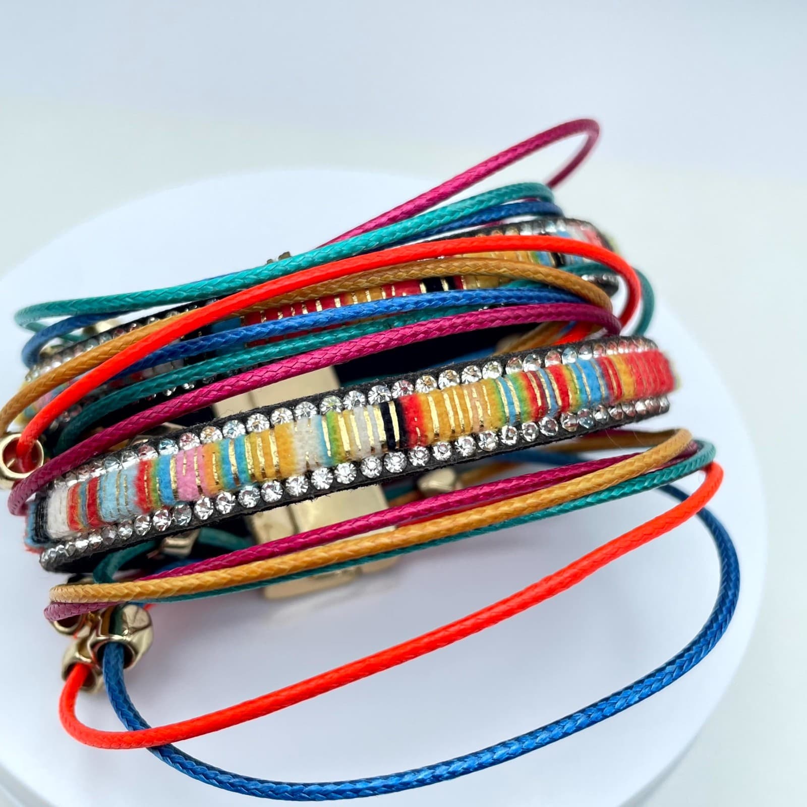 Bohemian Multicolor Classic Fashion Beaded Braided Cord Layered Wrap Bracelet - Thumbnail 2