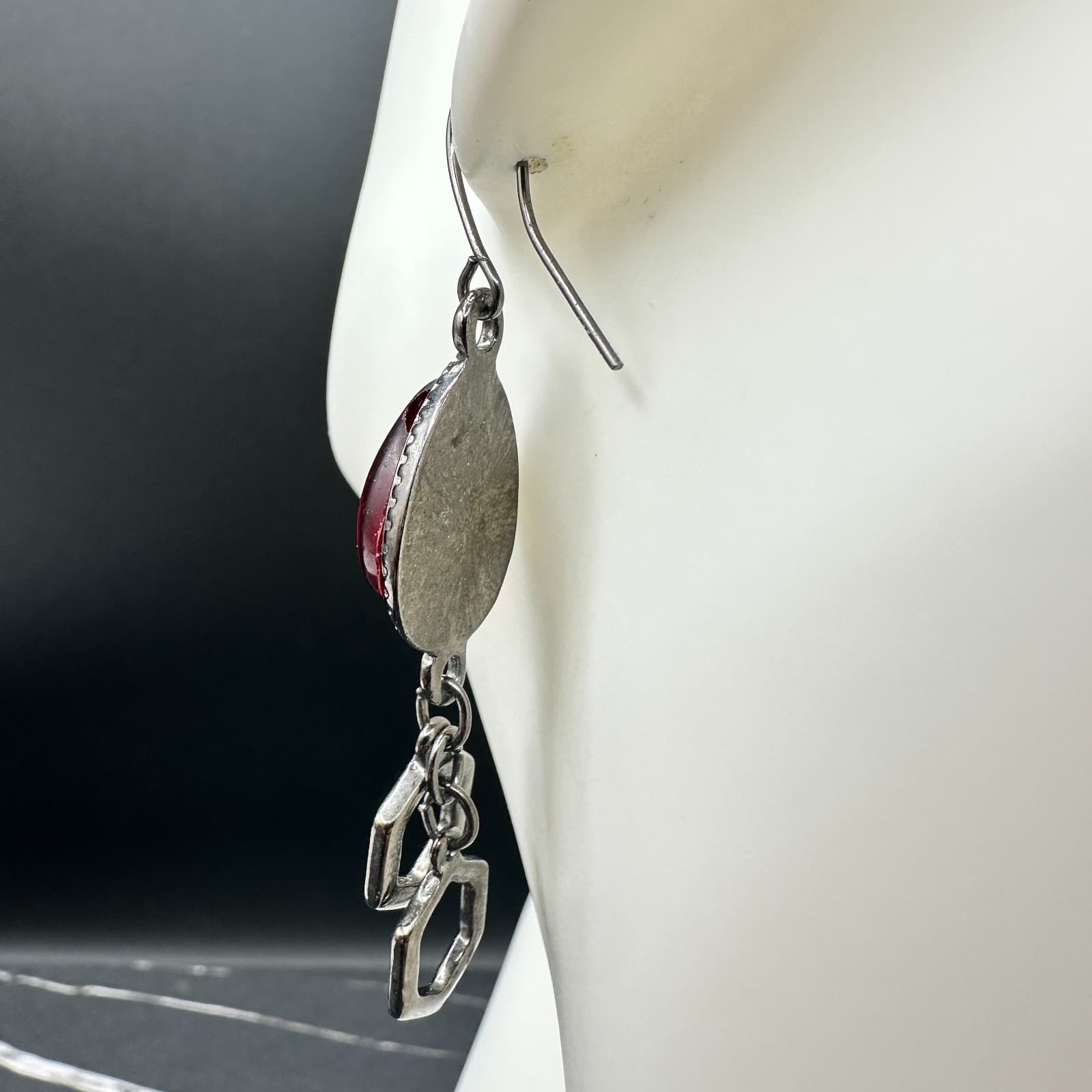 Vintage Handmade Women's Silver Tone Red Foil Back Glass Fashion Dangle Earrings - Thumbnail 6