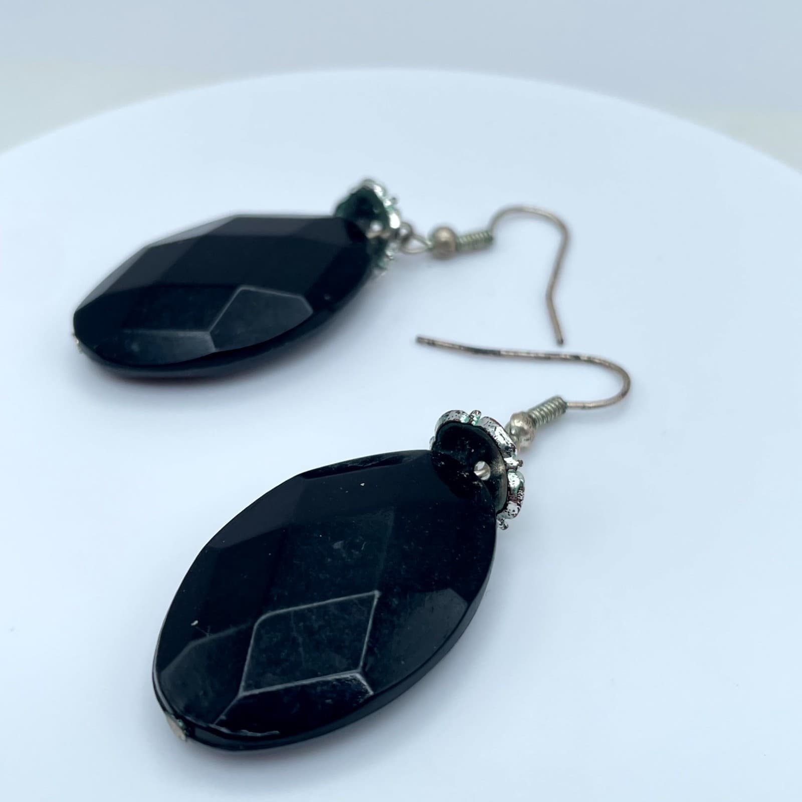 Vintage Silver-Tone Classic Black Onyx Faceted Oval Drop French Hook Earrings - Thumbnail 5
