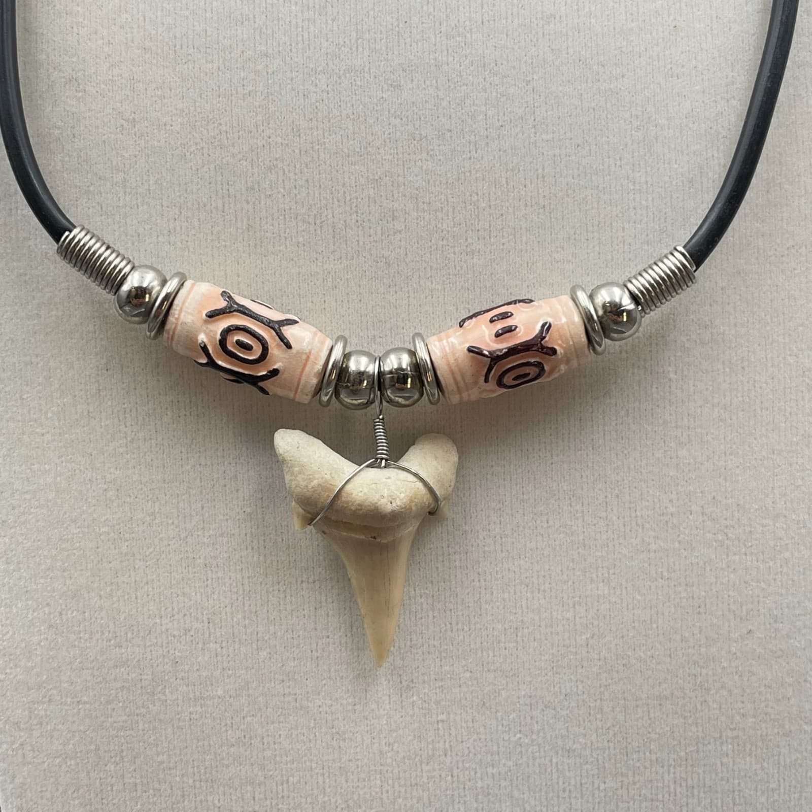 Surfer Style Black Silver-Tone Bone Beads Natural Shark Tooth Pendant Necklace - Thumbnail 3