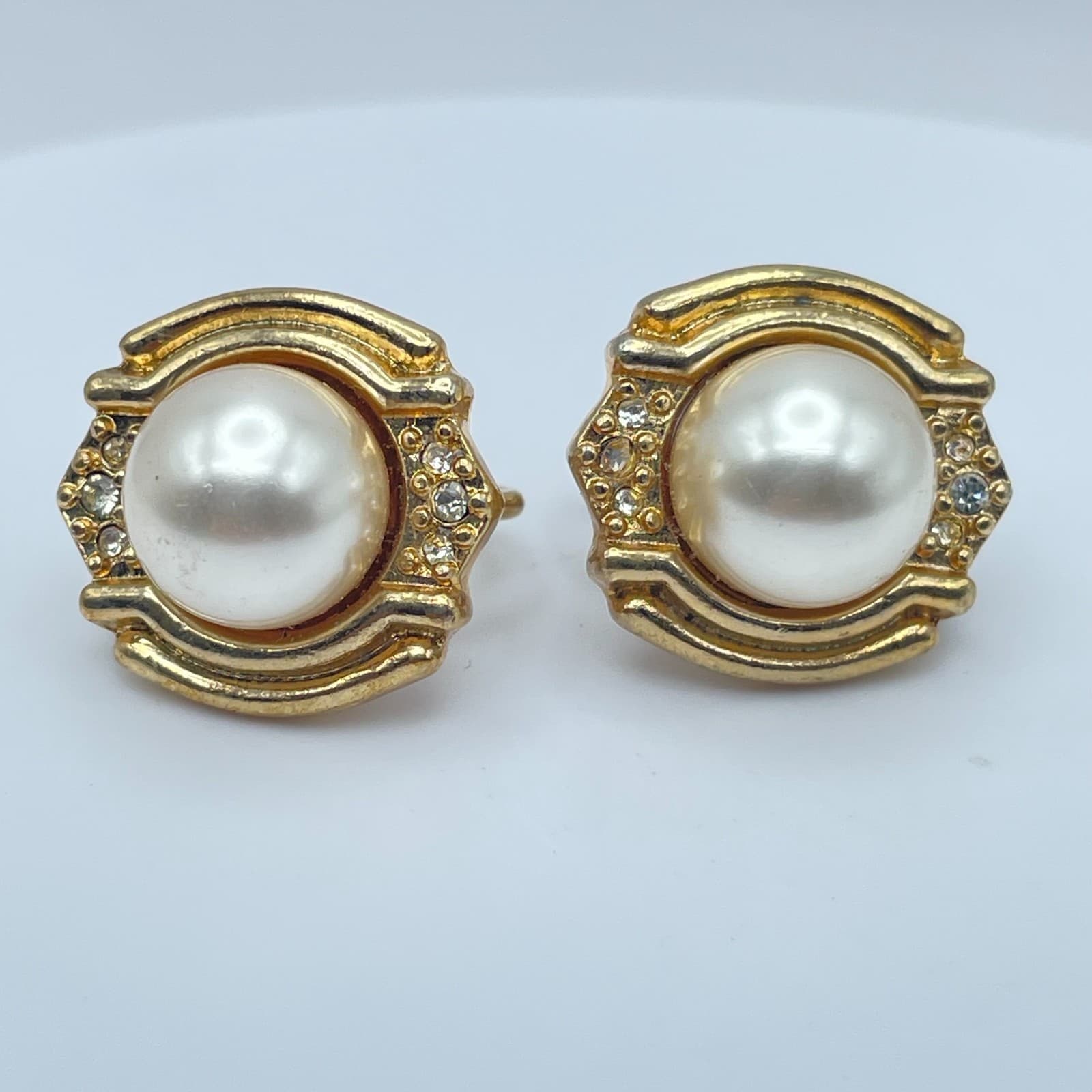 Vintage Y2K RMN Gold Tone Faux Pearl Rhinestone Earrings Retro Women's Jewelry - Image 1