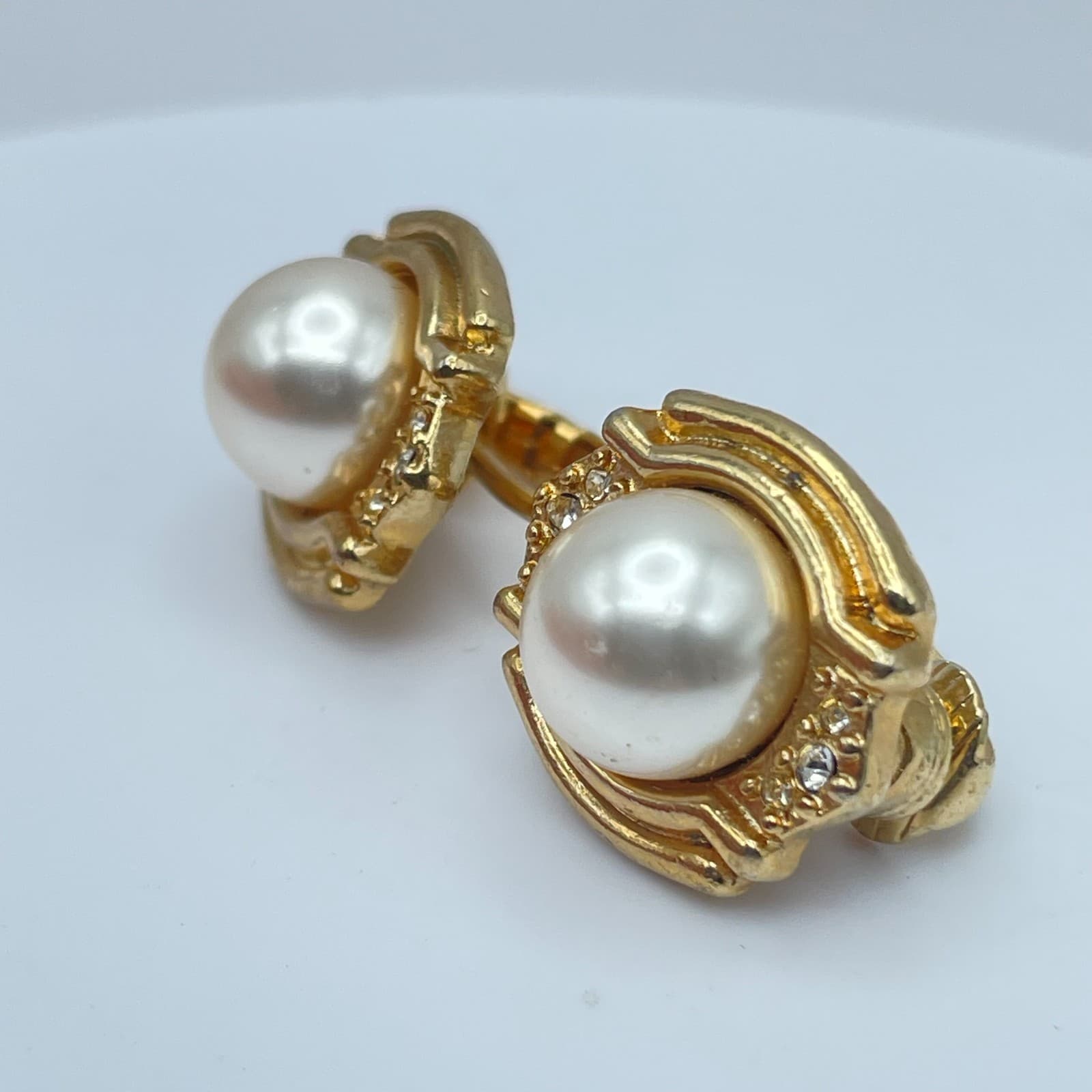 Vintage Y2K RMN Gold Tone Faux Pearl Rhinestone Earrings Retro Women's Jewelry - Thumbnail 4
