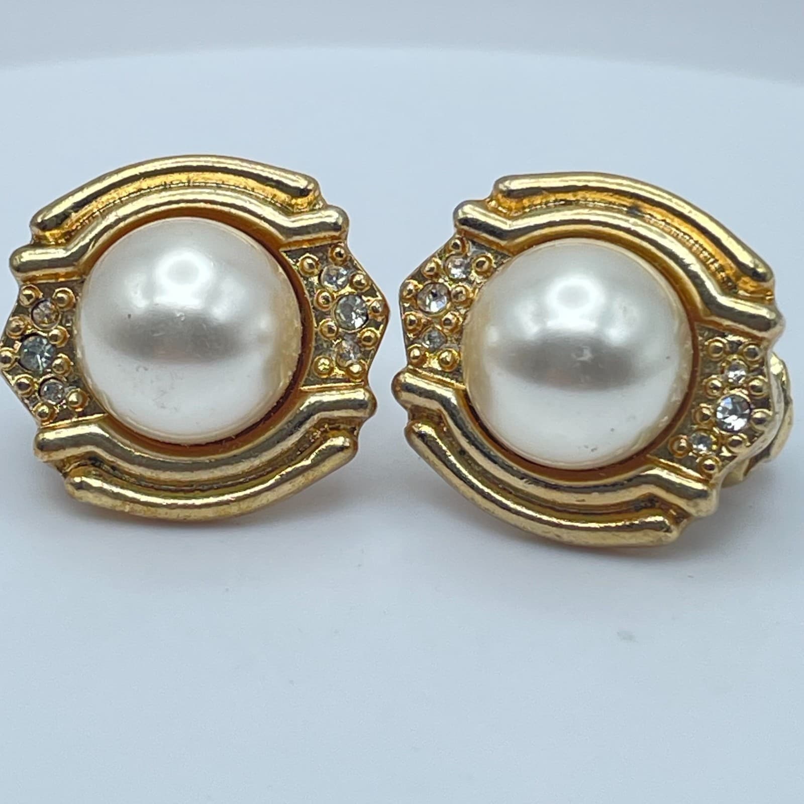 Vintage Y2K RMN Gold Tone Faux Pearl Rhinestone Earrings Retro Women's Jewelry - Thumbnail 7