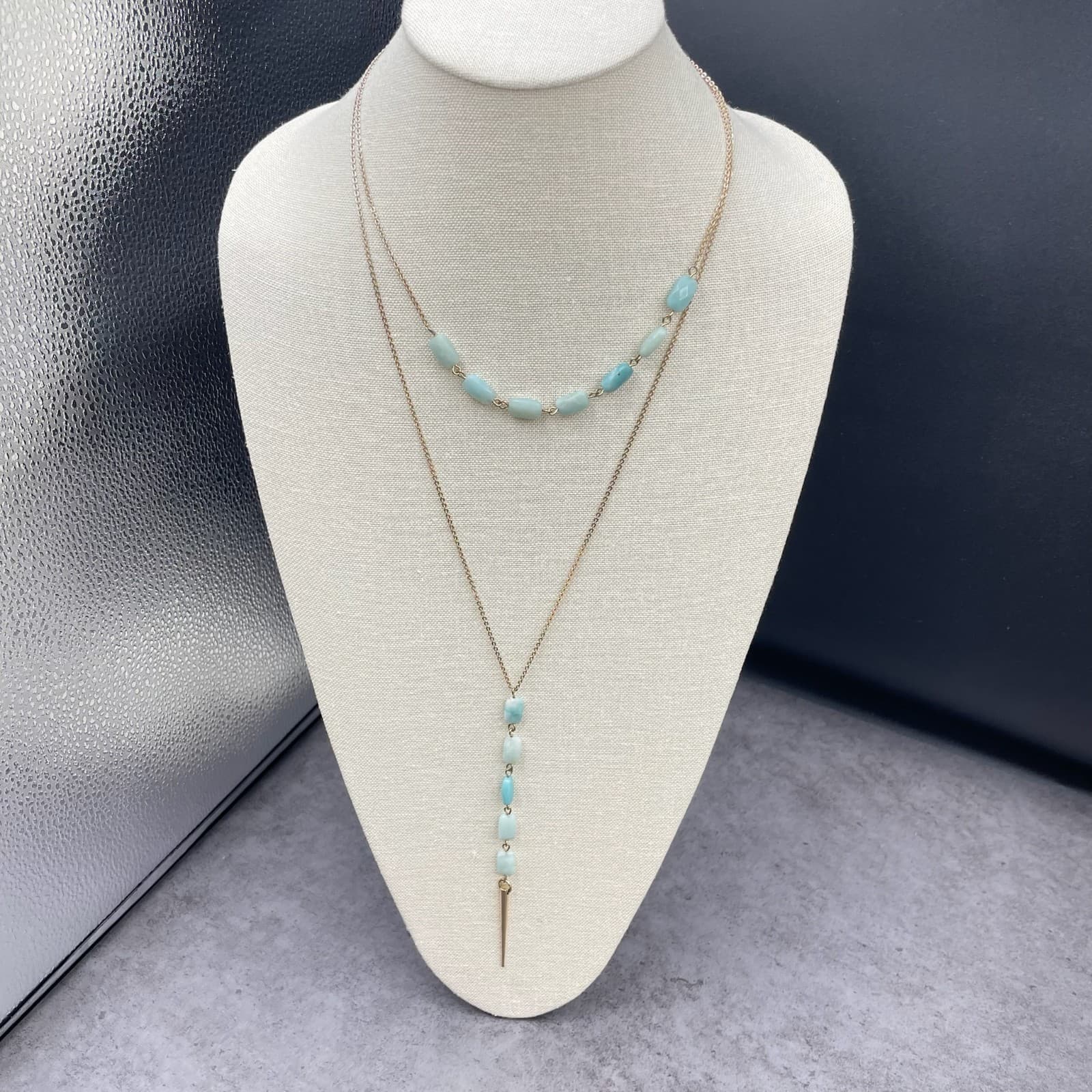 Banana Republic Gold-Tone Amazonite Beads Layered Spike Pendant Lobster Necklace - Thumbnail 2