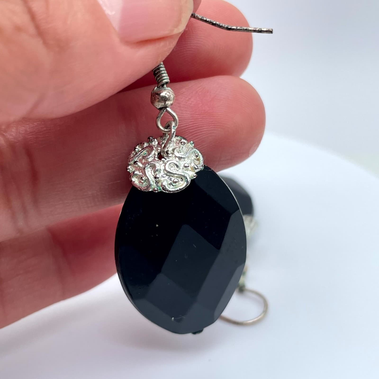 Vintage Silver-Tone Classic Black Onyx Faceted Oval Drop French Hook Earrings - Thumbnail 7