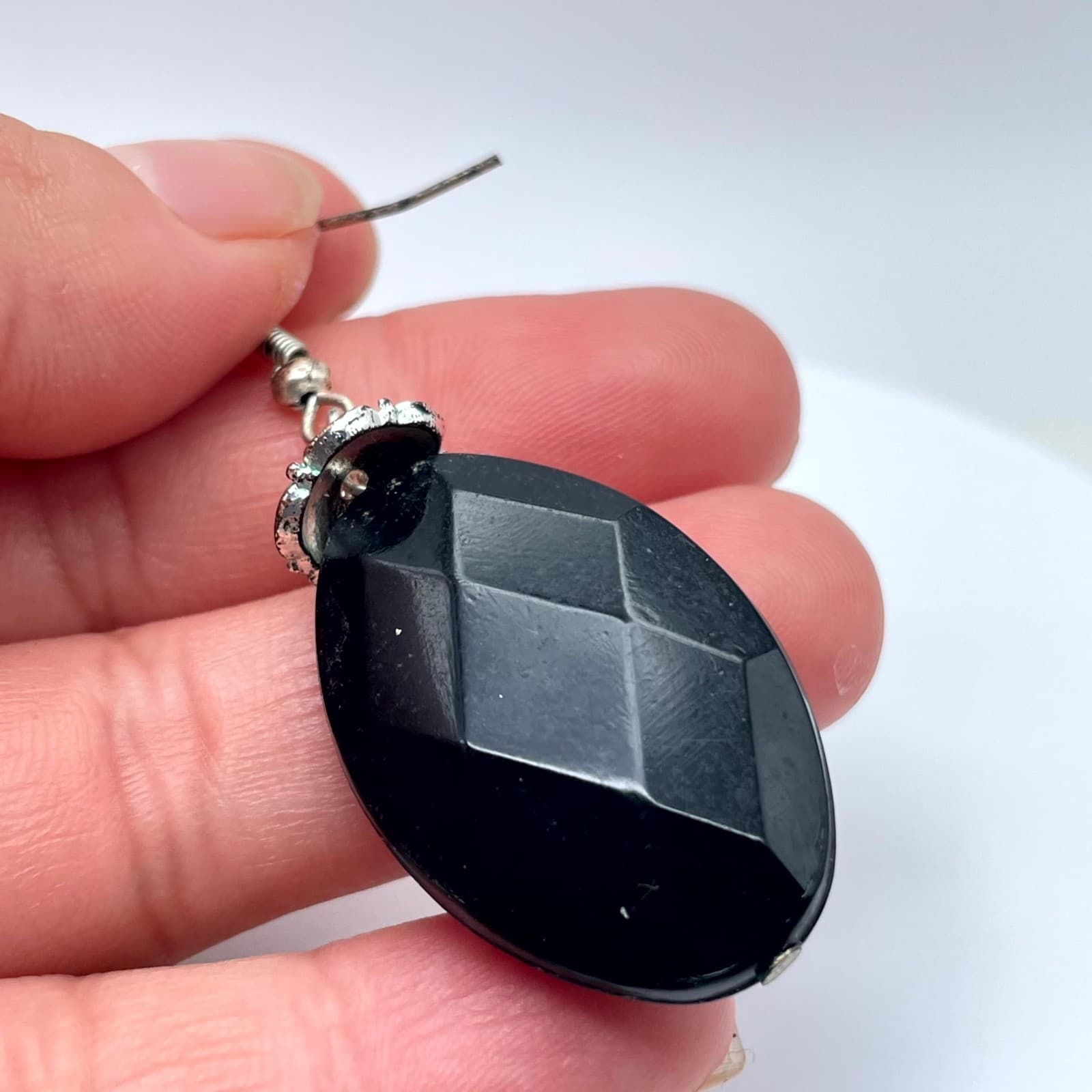 Vintage Silver-Tone Classic Black Onyx Faceted Oval Drop French Hook Earrings - Thumbnail 8