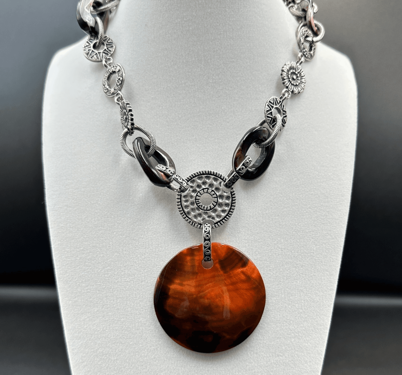 Vintage Chico's Orange Silver-Tone Lobster Coin Pendant Statement Necklace - Image 1