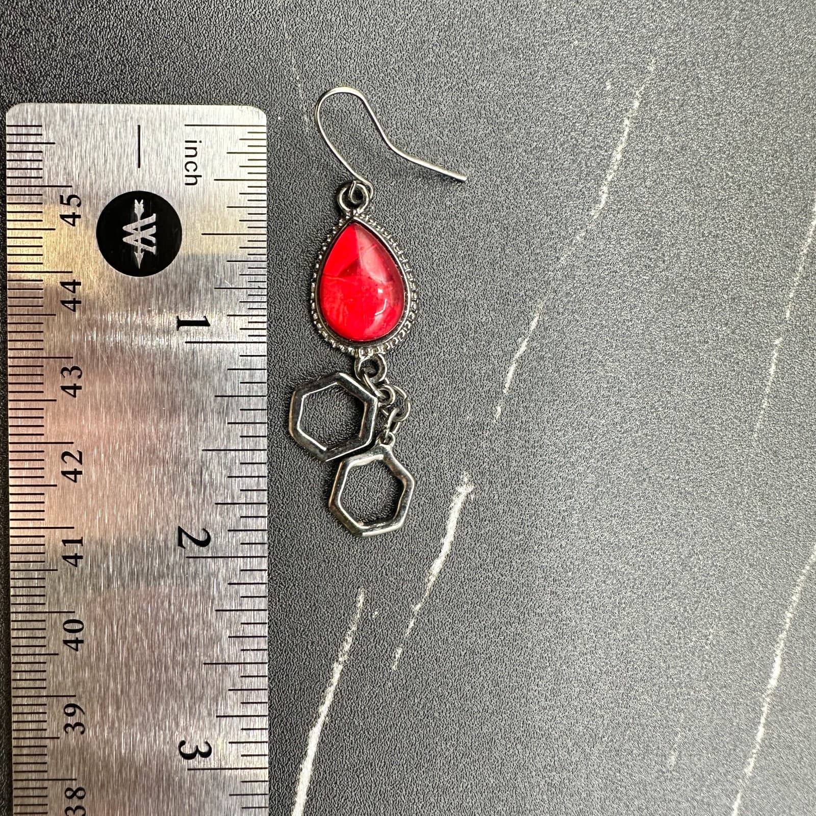 Vintage Handmade Women's Silver Tone Red Foil Back Glass Fashion Dangle Earrings - Thumbnail 11