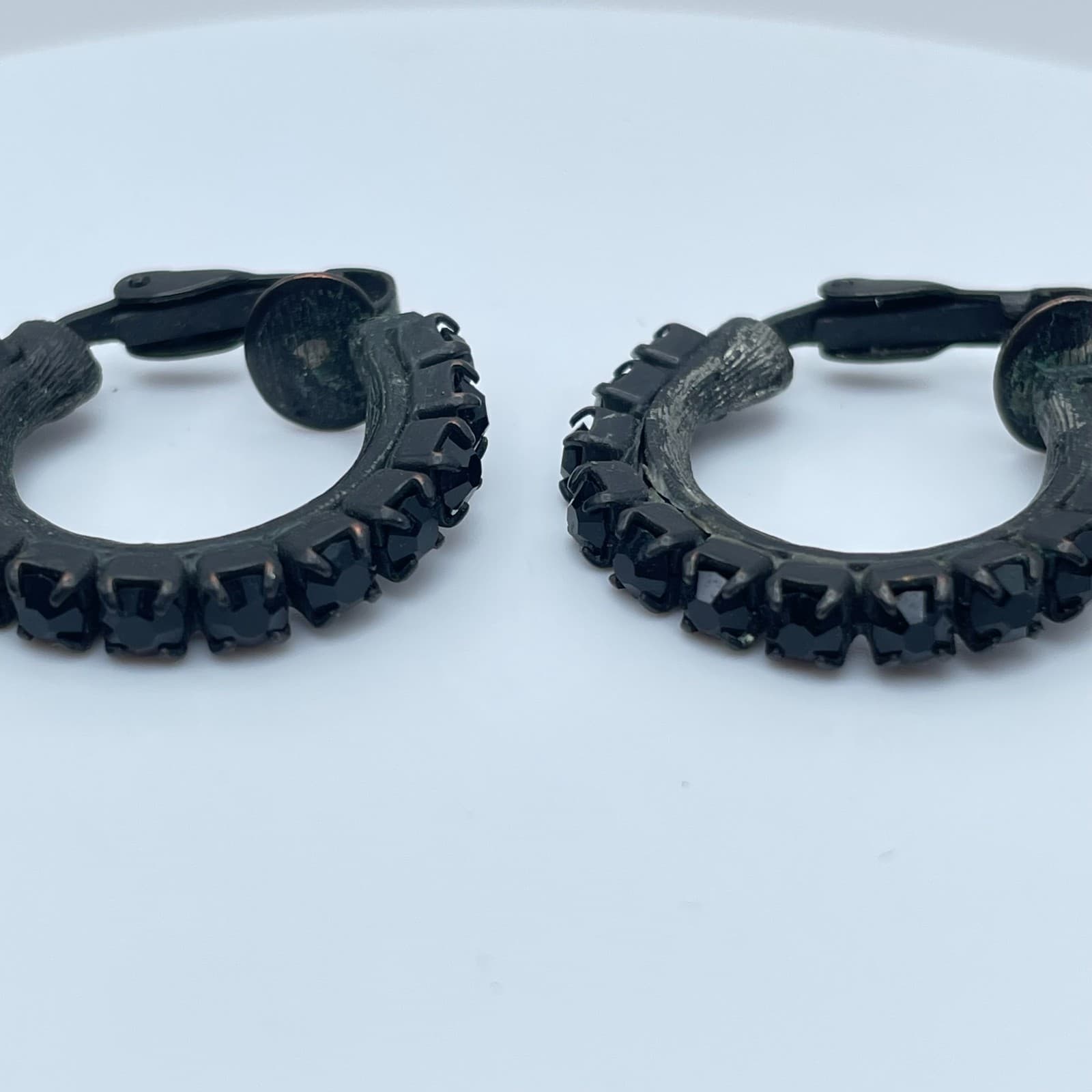 Vintage 80s Black Rhinestone Hoop Earrings Gothic Midnight Retro Fashion Jewelry - Thumbnail 2