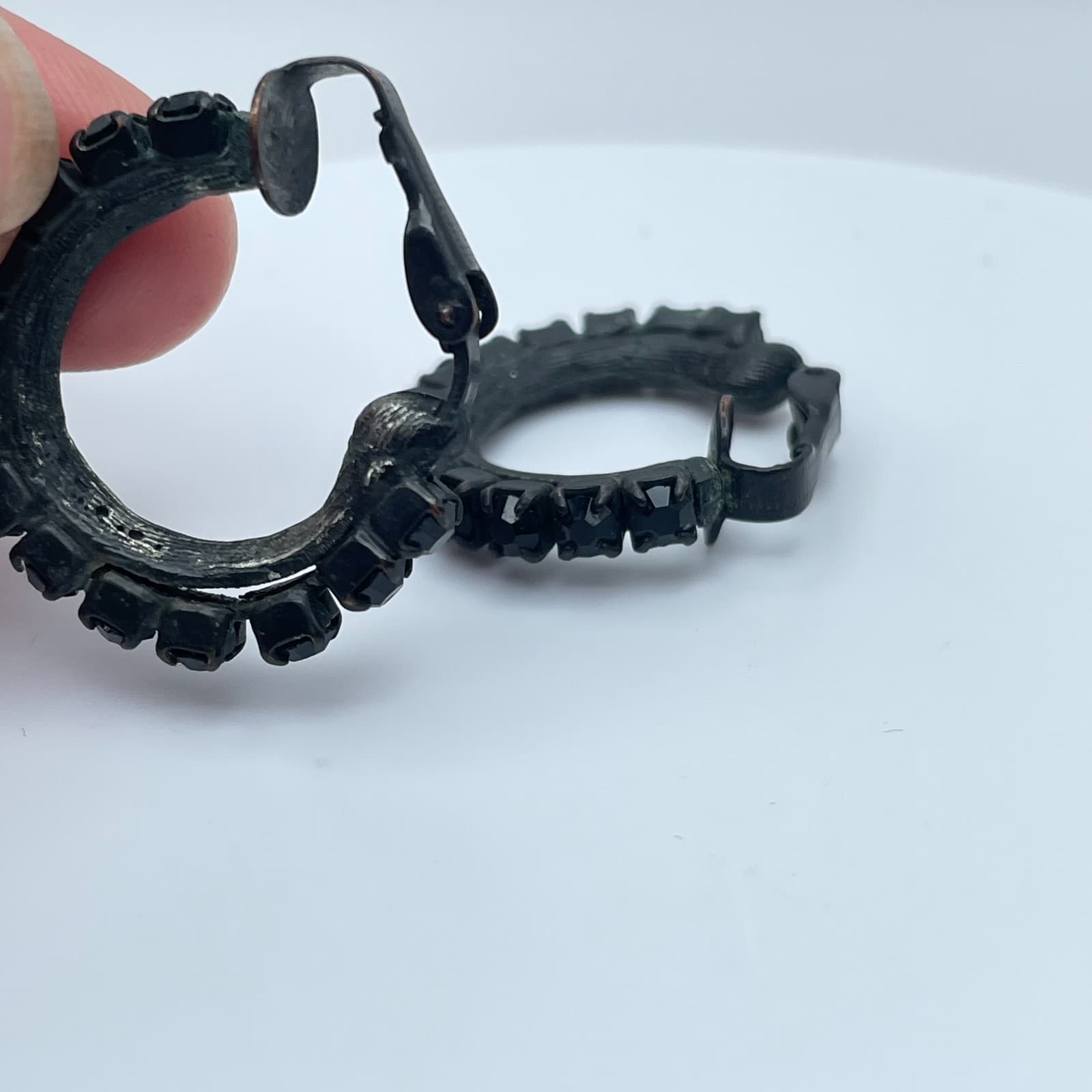 Vintage 80s Black Rhinestone Hoop Earrings Gothic Midnight Retro Fashion Jewelry - Thumbnail 5