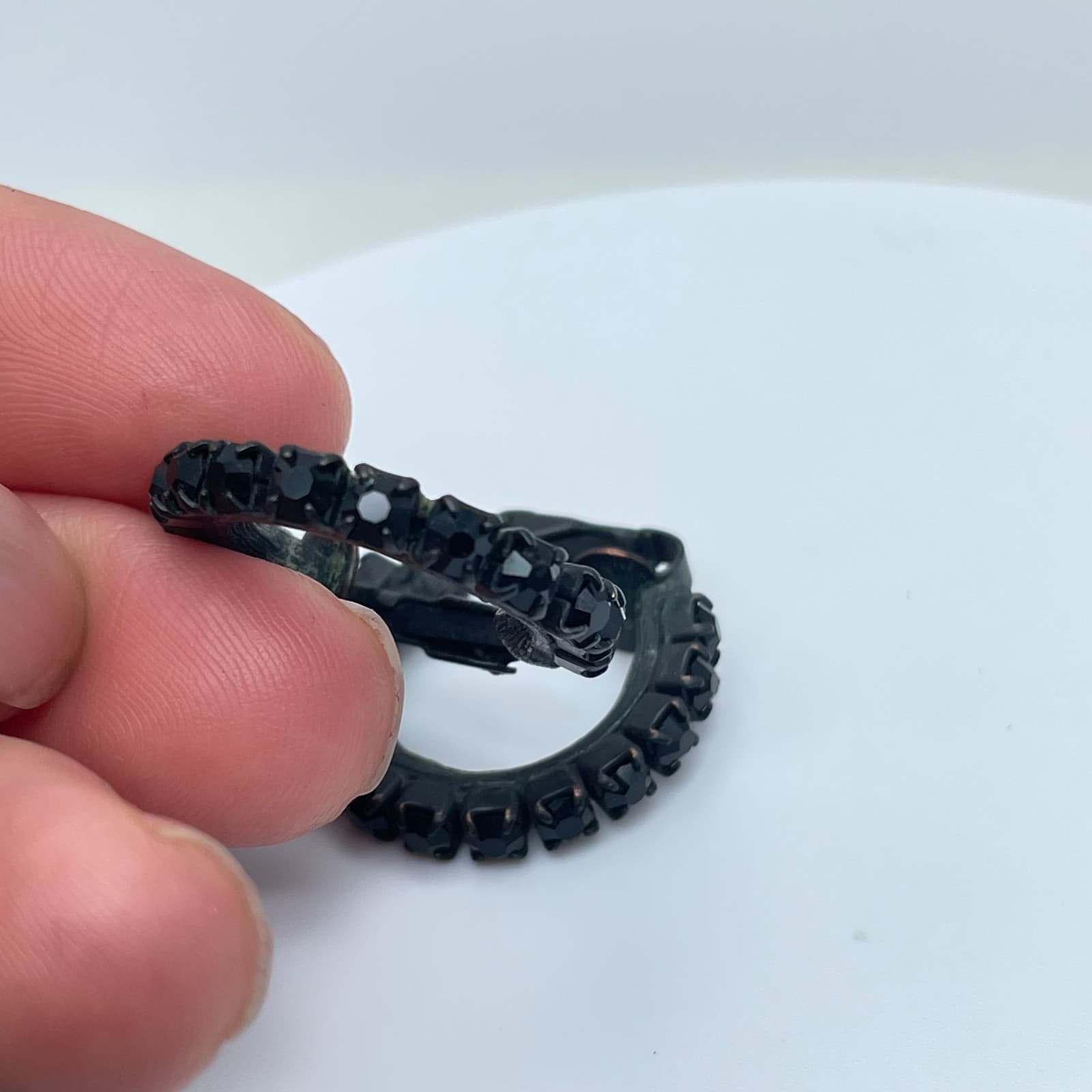 Vintage 80s Black Rhinestone Hoop Earrings Gothic Midnight Retro Fashion Jewelry - Thumbnail 7