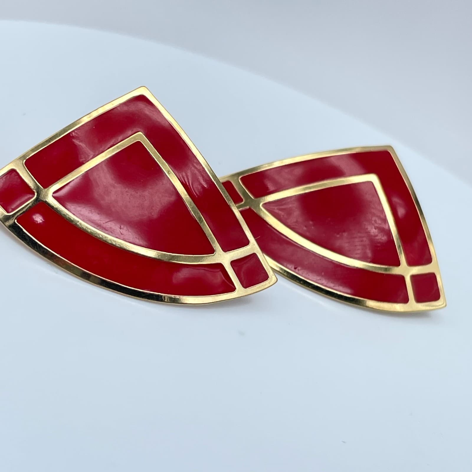 Vintage 80s Red Enamel Fan Shape Stud Earrings Gold Tone Women's Jewelry - Thumbnail 3
