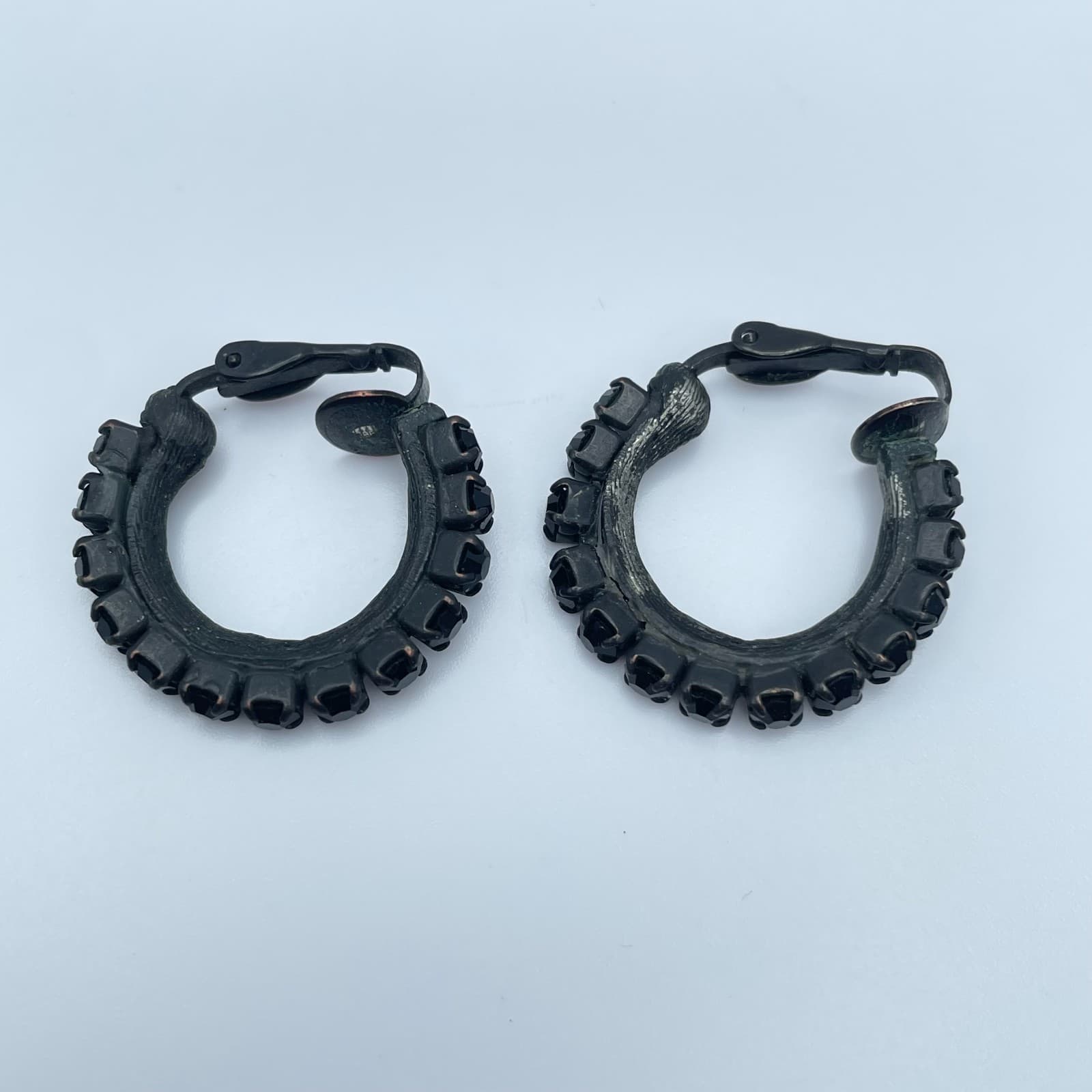 Vintage 80s Black Rhinestone Hoop Earrings Gothic Midnight Retro Fashion Jewelry - Image 1