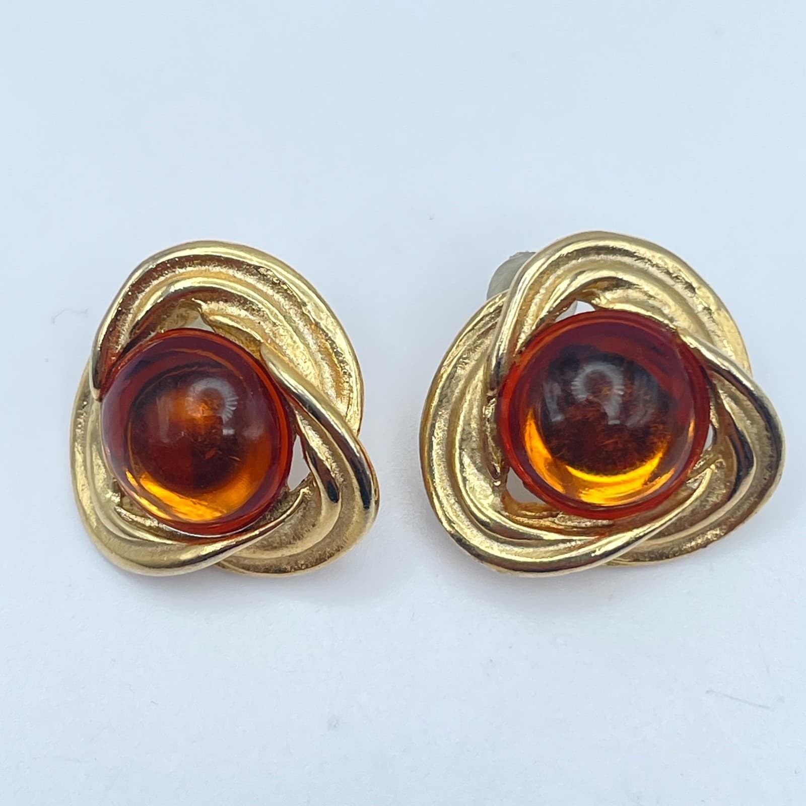 Vintage 90s Amber Cabochon Gold Tone Stud Earrings Women's Classic Jewelry - Image 1
