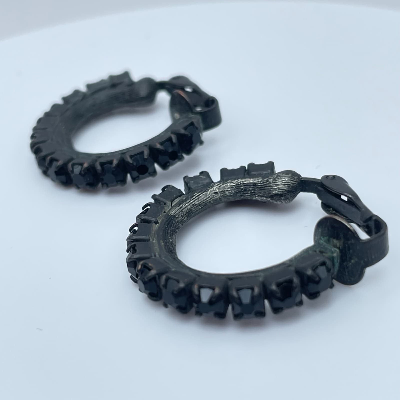 Vintage 80s Black Rhinestone Hoop Earrings Gothic Midnight Retro Fashion Jewelry - Thumbnail 3