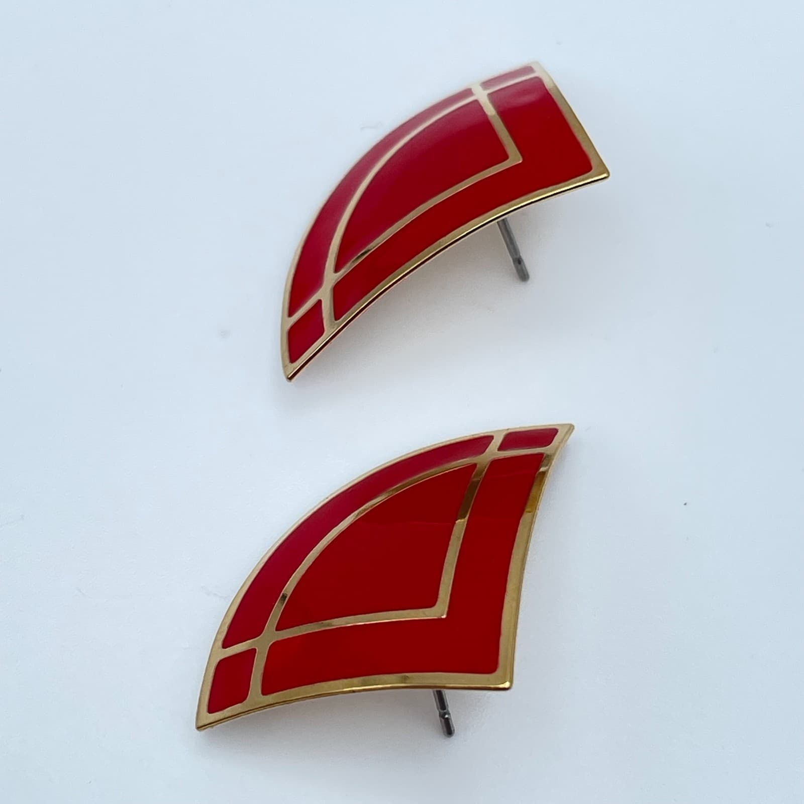Vintage 80s Red Enamel Fan Shape Stud Earrings Gold Tone Women's Jewelry - Thumbnail 6