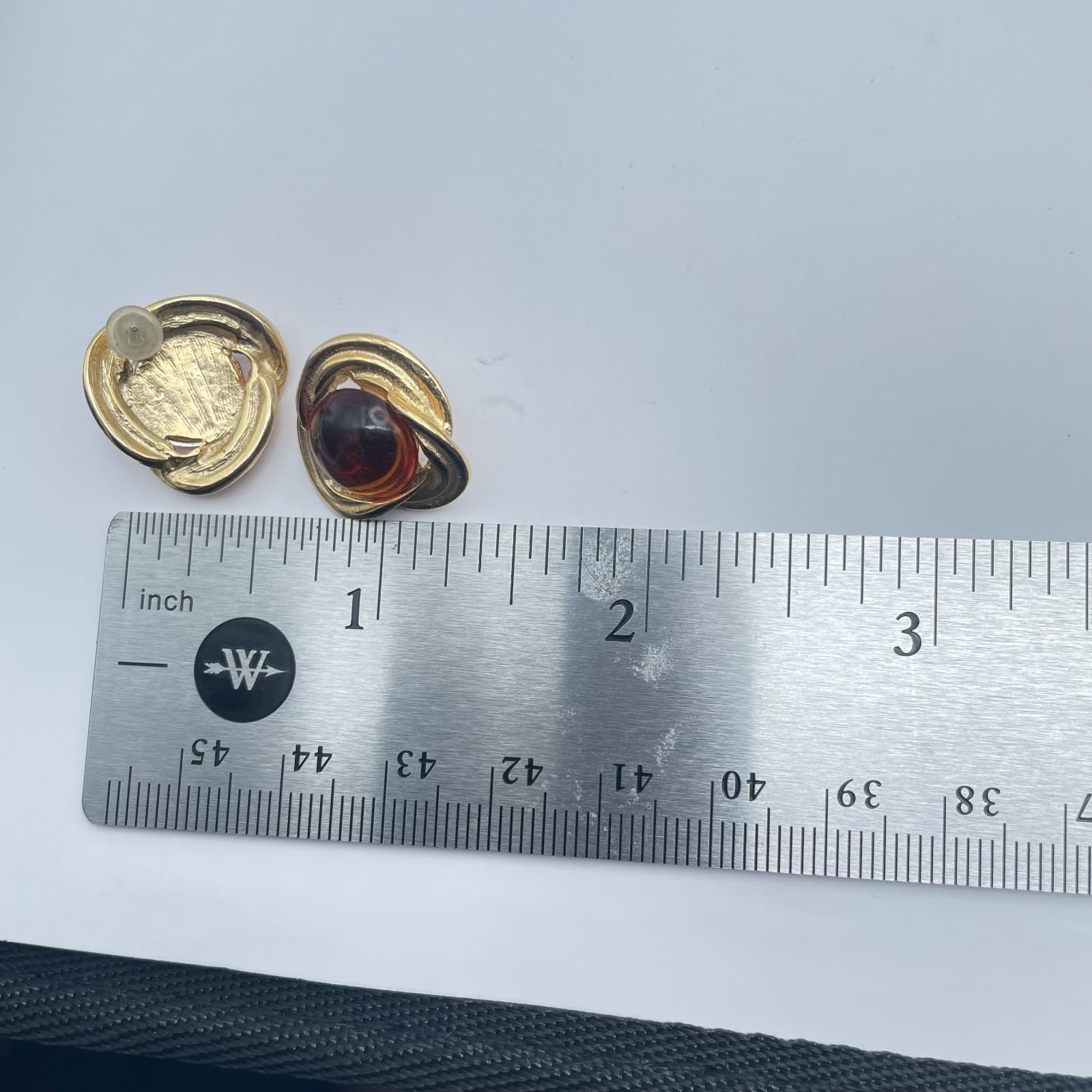 Vintage 90s Amber Cabochon Gold Tone Stud Earrings Women's Classic Jewelry - Thumbnail 8