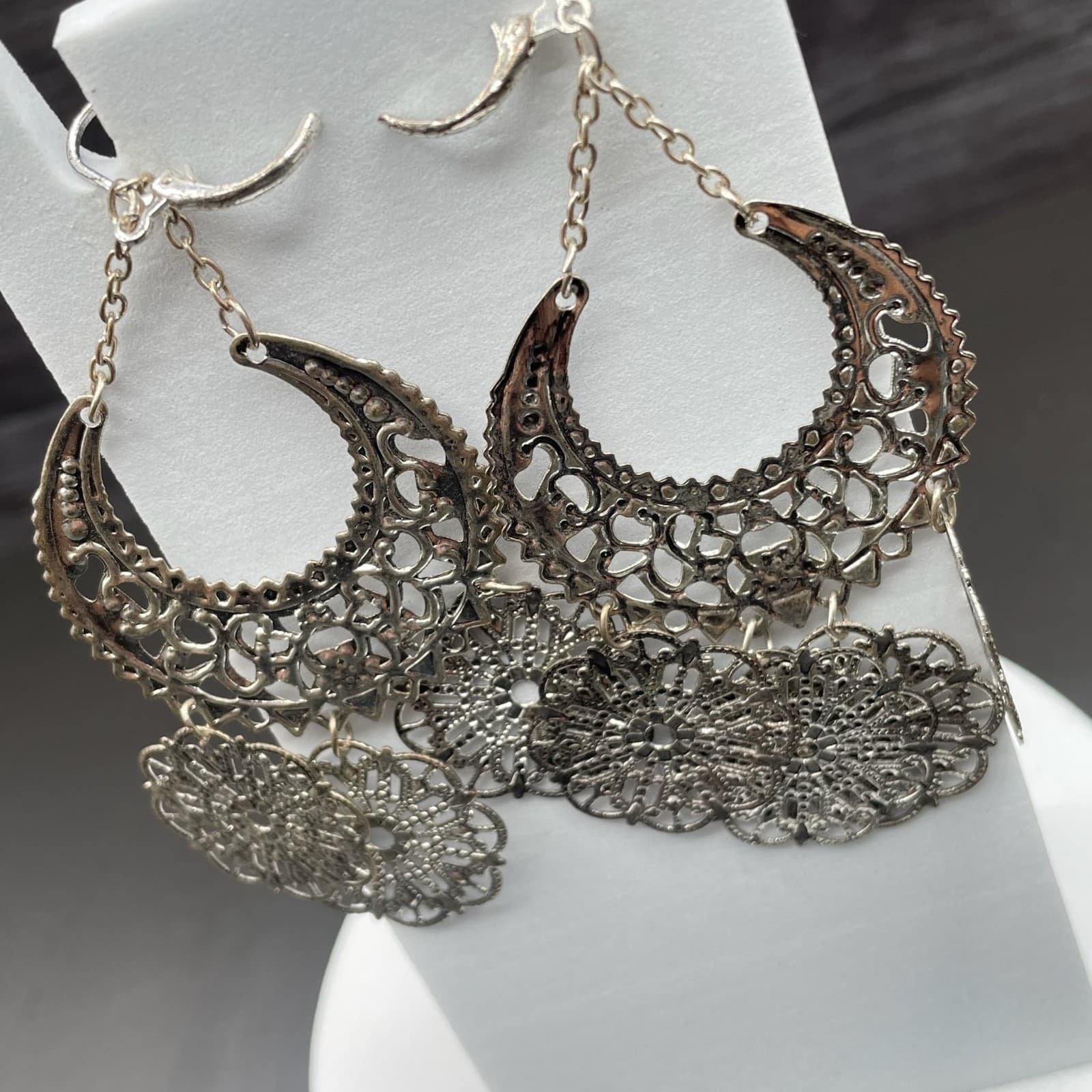 Silver Tone Filigree Chandelier Earrings Boho Crescent Medallion Style - Image 1