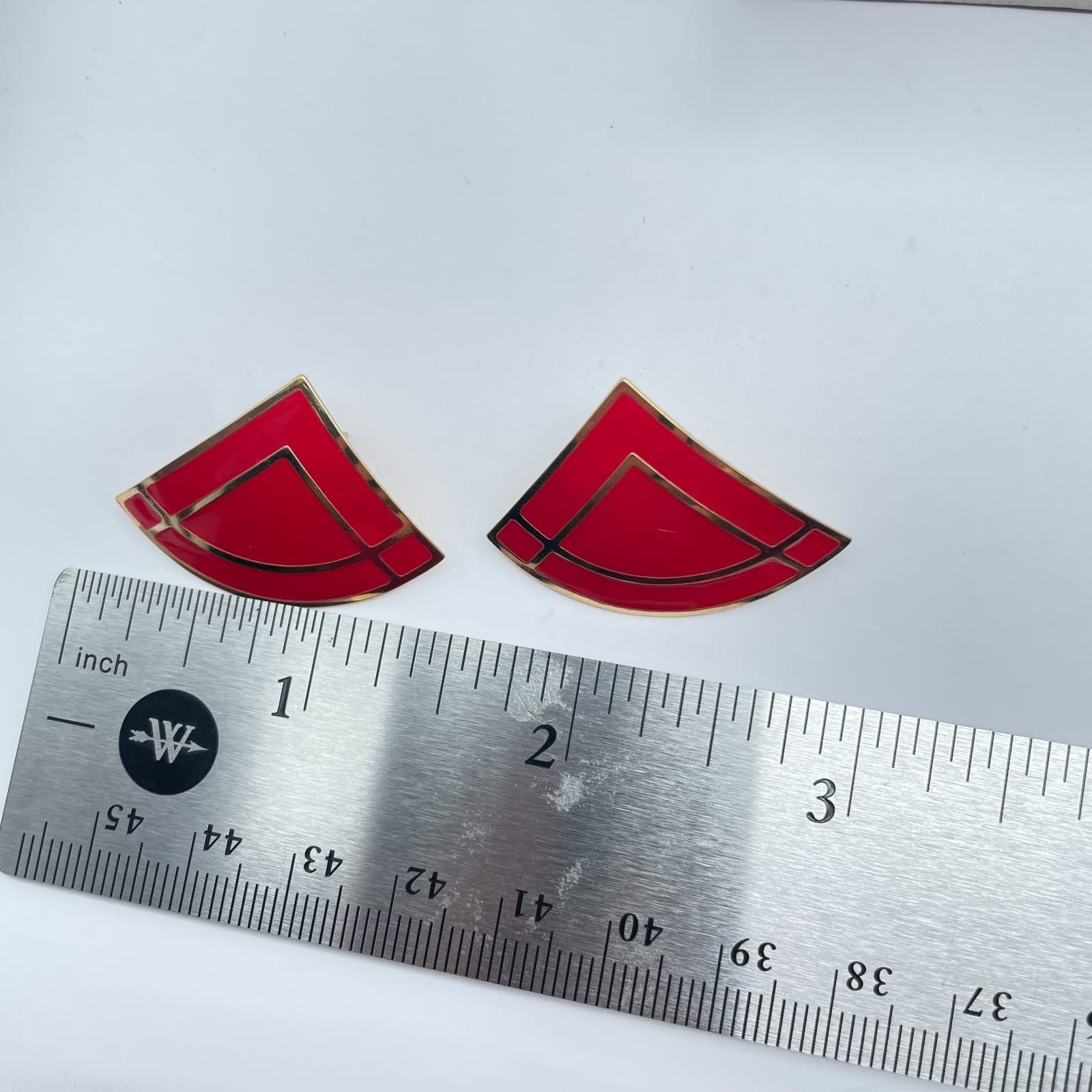 Vintage 80s Red Enamel Fan Shape Stud Earrings Gold Tone Women's Jewelry - Thumbnail 9