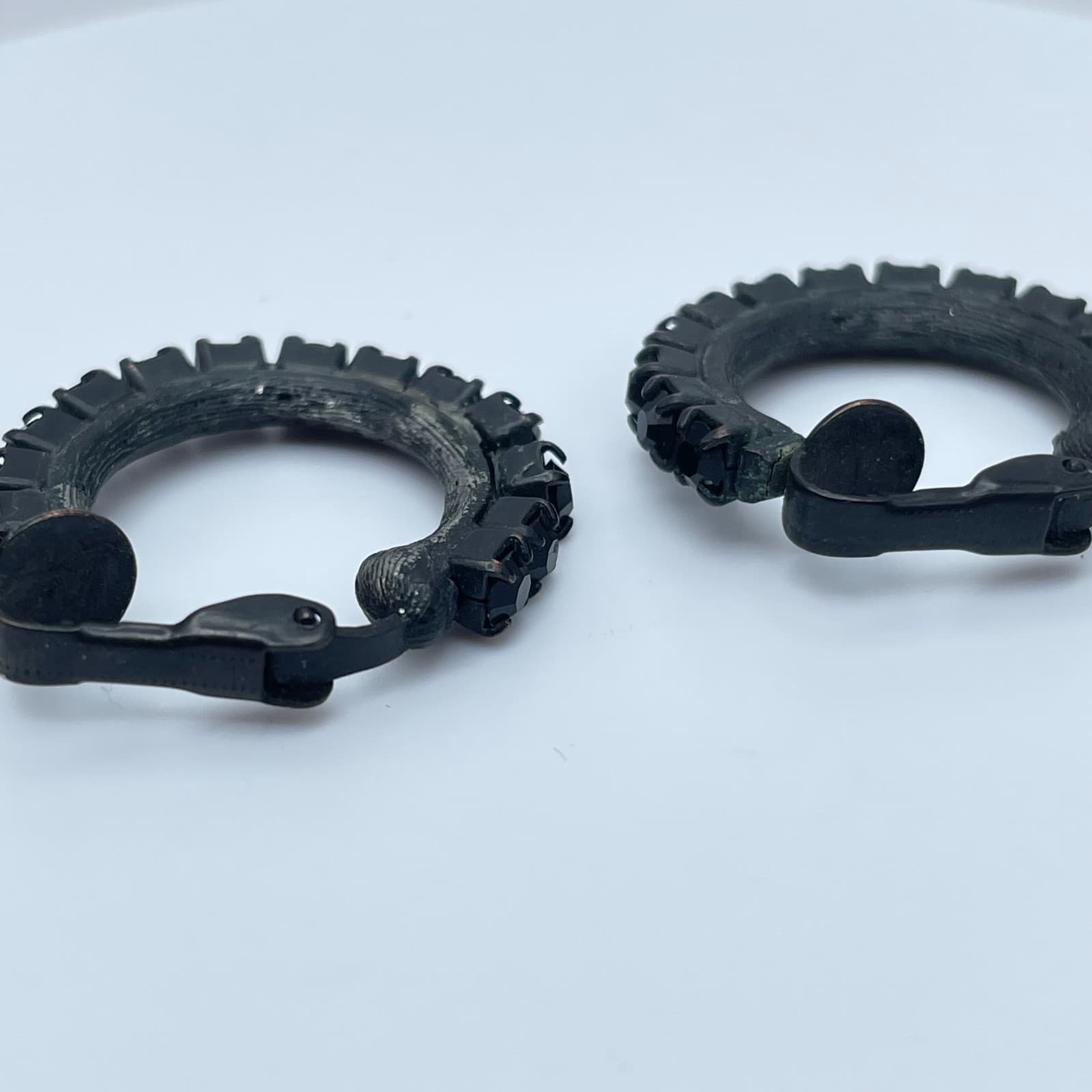 Vintage 80s Black Rhinestone Hoop Earrings Gothic Midnight Retro Fashion Jewelry - Thumbnail 4