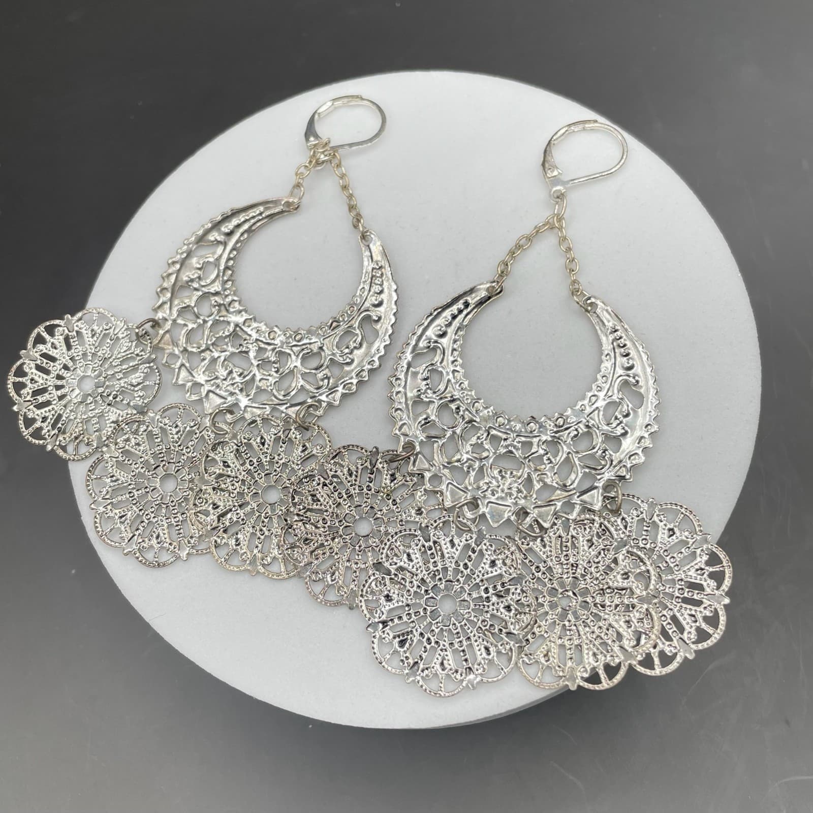 Silver Tone Filigree Chandelier Earrings Boho Crescent Medallion Style - Thumbnail 8